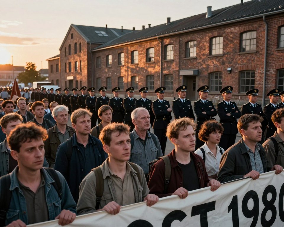 A vivid portrayal of a historic moment in the Gdańsk Shipyard during the August 1980 strikes. In the foreground, a group of determined workers, dressed in modest casual clothing, are gathered, their expressions ranging from defiance to concern. They hold banners symbolizing their protest. In the middle ground, a line of tense government officials in professional attire stands facing the workers, with stern expressions and crossed arms. In the background, the imposing industrial buildings of the shipyard loom, bathed in a dramatic sunset light that casts long shadows, enhancing the tension in the scene. The atmosphere is charged with a sense of urgency and gravity, as a pivotal moment in history unfolds. The image is framed with a slightly angled perspective to create depth, capturing the scale of both the protest and the official response. A vivid portrayal of a historic moment in the Gdańsk Shipyard during the August 1980 strikes. In the foreground, a group of determined workers, dressed in modest casual clothing, are gathered, their expressions ranging from defiance to concern. They hold banners symbolizing their protest. In the middle ground, a line of tense government officials in professional attire stands facing the workers, with stern expressions and crossed arms. In the background, the imposing industrial buildings of the shipyard loom, bathed in a dramatic sunset light that casts long shadows, enhancing the tension in the scene. The atmosphere is charged with a sense of urgency and gravity, as a pivotal moment in history unfolds. The image is framed with a slightly angled perspective to create depth, capturing the scale of both the protest and the official response.