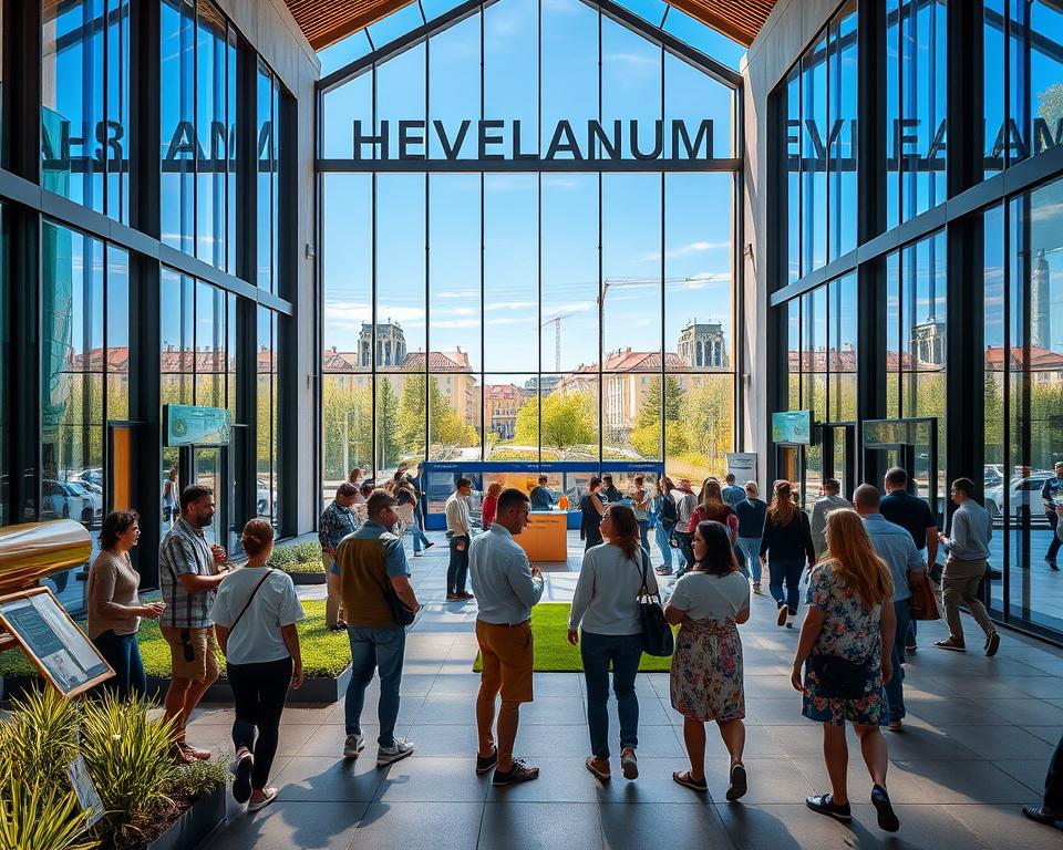 A welcoming scene depicting the entrance of Hevelianum in Gdańsk, showcasing its modern architecture with large glass windows and a green landscaped garden. In the foreground, a diverse group of families and adults dressed in casual yet tidy clothing, enthusiastically discussing their plans for the visit. In the middle ground, informative displays and an inviting ticket area can be seen, with staff members in professional attire providing assistance. The background features the vibrant blue sky and the surrounding urban landscape of Gdańsk. The atmosphere is lively and educational, with soft, natural lighting illuminating the space, simulating a bright and welcoming day. The angle is slightly elevated, capturing the bustling energy and excitement of visitors planning a day of exploration at the center. A welcoming scene depicting the entrance of Hevelianum in Gdańsk, showcasing its modern architecture with large glass windows and a green landscaped garden. In the foreground, a diverse group of families and adults dressed in casual yet tidy clothing, enthusiastically discussing their plans for the visit. In the middle ground, informative displays and an inviting ticket area can be seen, with staff members in professional attire providing assistance. The background features the vibrant blue sky and the surrounding urban landscape of Gdańsk. The atmosphere is lively and educational, with soft, natural lighting illuminating the space, simulating a bright and welcoming day. The angle is slightly elevated, capturing the bustling energy and excitement of visitors planning a day of exploration at the center.