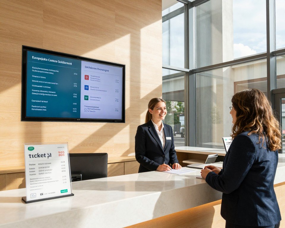 A well-lit, modern interior of the Europejskie Centrum Solidarności, showcasing an elegant reception area with a sleek information desk displaying ticket prices and services offered. In the foreground, a friendly female staff member in professional business attire assists visitors, while in the middle, a digital screen highlights the pricing for admission and services. The background features large glass windows allowing natural light to flood in, casting soft shadows. The atmosphere is welcoming and informative, with warm colors creating an inviting ambiance. The angle is slightly elevated, offering a comprehensive view of the interior space, emphasizing the importance of accessibility and community engagement within the center. A well-lit, modern interior of the Europejskie Centrum Solidarności, showcasing an elegant reception area with a sleek information desk displaying ticket prices and services offered. In the foreground, a friendly female staff member in professional business attire assists visitors, while in the middle, a digital screen highlights the pricing for admission and services. The background features large glass windows allowing natural light to flood in, casting soft shadows. The atmosphere is welcoming and informative, with warm colors creating an inviting ambiance. The angle is slightly elevated, offering a comprehensive view of the interior space, emphasizing the importance of accessibility and community engagement within the center.