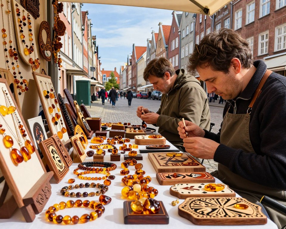 An artistic scene showcasing the treasures of amber and local craftsmanship. In the foreground, a well-organized artisan's stall brimming with unique amber jewelry, intricate carvings, and polished stones, each reflecting hints of golden sunlight. The middle layer features skilled artisans at work, demonstrating their craft-one shaping amber into beautiful designs, while another deftly paints local symbols on wooden trinkets. The background reveals the charming architecture of Ulica Mariacka in Gdańsk, with cobblestone paths and historic buildings under a bright, clear sky, creating an inviting atmosphere. Soft, warm lighting enhances the scene, giving it a nostalgic yet vibrant feel, inviting viewers to immerse themselves in the rich culture of this historic street. An artistic scene showcasing the treasures of amber and local craftsmanship. In the foreground, a well-organized artisan's stall brimming with unique amber jewelry, intricate carvings, and polished stones, each reflecting hints of golden sunlight. The middle layer features skilled artisans at work, demonstrating their craft-one shaping amber into beautiful designs, while another deftly paints local symbols on wooden trinkets. The background reveals the charming architecture of Ulica Mariacka in Gdańsk, with cobblestone paths and historic buildings under a bright, clear sky, creating an inviting atmosphere. Soft, warm lighting enhances the scene, giving it a nostalgic yet vibrant feel, inviting viewers to immerse themselves in the rich culture of this historic street.