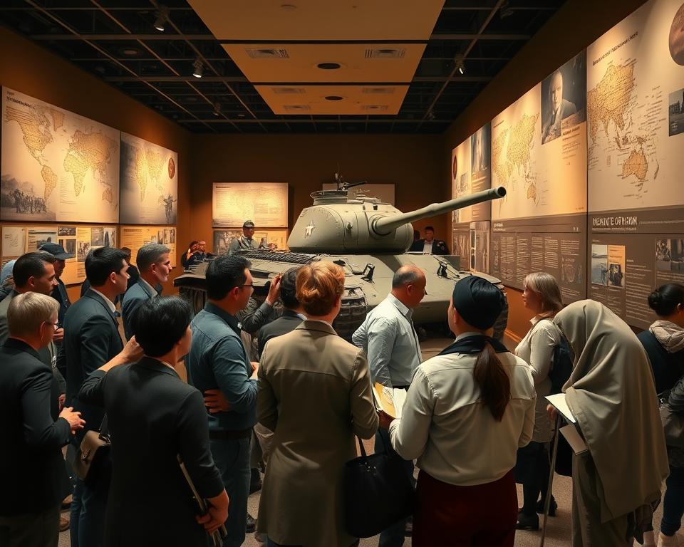 An educational scene in a World War II museum, showcasing a thoughtful reflection on history. In the foreground, a diverse group of people in professional and modest clothing, engaged in deep discussions and examining artifacts, such as uniforms, letters, and photographs. The middle ground features a dramatic exhibit of a life-sized tank, with historical panels providing context. The background reveals large, well-lit displays of war maps and timelines on the museum walls, creating an immersive atmosphere. Warm, ambient lighting enhances the reflective mood, inviting viewers to contemplate the past. The angle showcases the depth of the museum space, emphasizing both the artifacts and the engaged visitors, while maintaining a serious, respectful tone. An educational scene in a World War II museum, showcasing a thoughtful reflection on history. In the foreground, a diverse group of people in professional and modest clothing, engaged in deep discussions and examining artifacts, such as uniforms, letters, and photographs. The middle ground features a dramatic exhibit of a life-sized tank, with historical panels providing context. The background reveals large, well-lit displays of war maps and timelines on the museum walls, creating an immersive atmosphere. Warm, ambient lighting enhances the reflective mood, inviting viewers to contemplate the past. The angle showcases the depth of the museum space, emphasizing both the artifacts and the engaged visitors, while maintaining a serious, respectful tone.