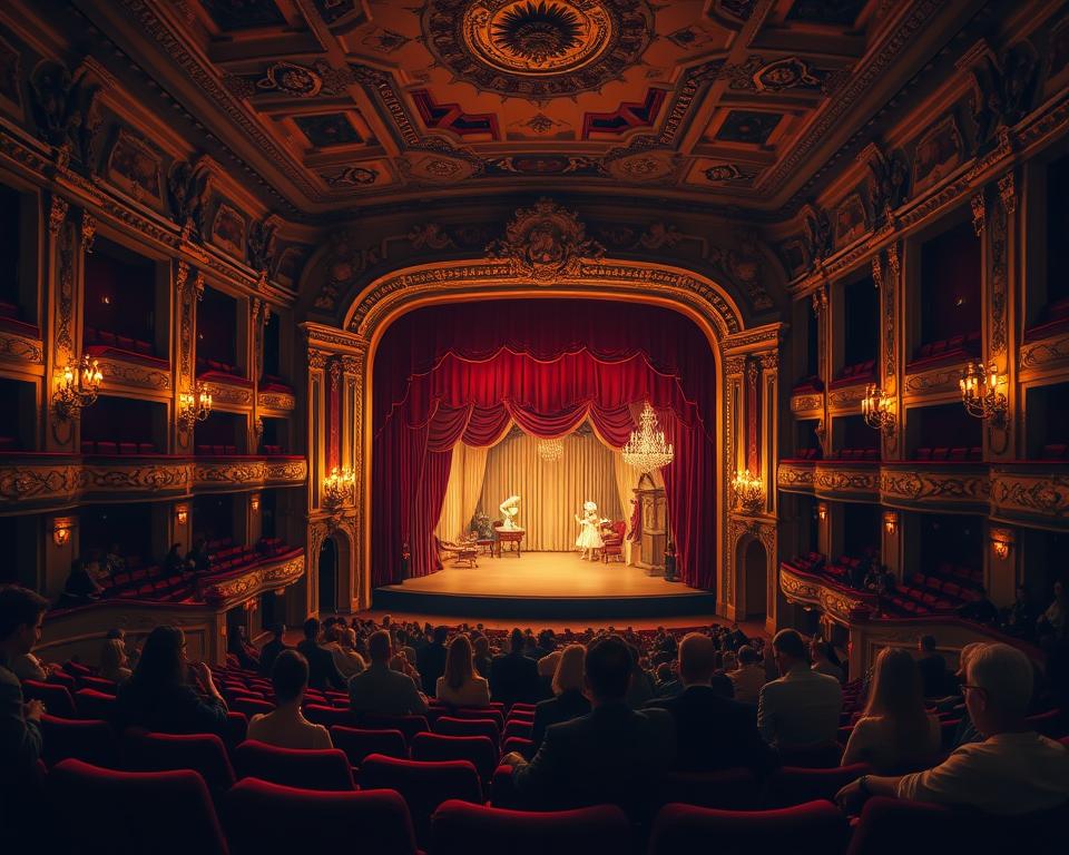An elegant, atmospheric view of the interior of the Baltic Opera House in Gdańsk, showcasing a grand stage set for a performance. In the foreground, a beautifully decorated theatre with plush red velvet seats and ornate golden details, illuminated by warm, soft lighting that creates an inviting ambiance. In the middle ground, the stage is adorned with intricate props and a backdrop hinting at a classic ballet scene, like flowing curtains and elegant chandeliers. The audience can be seen dressed in formal attire, eagerly awaiting the performance. In the background, the architectural beauty of the opera house is visible, with its high ceilings and decorative moldings. The overall mood is one of sophistication and excitement, encapsulating the essence of opera and ballet performances.