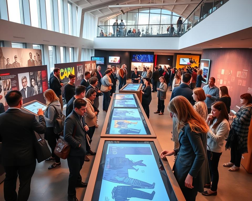 An interactive exhibition space within the European Solidarity Centre, showcasing various multimedia displays and historical artifacts. In the foreground, diverse visitors of all ages engage curiously with touchscreens and immersive installations, dressed in professional business attire and modest casual clothing. The middle ground features a vibrant array of exhibits, including colorful panels depicting the Solidarity movement, holographic images, and audio-visual art pieces. The background includes the distinctive architecture of the Centre, with large windows allowing natural light to flood the space, creating a warm and inviting atmosphere. The mood is dynamic and educational, inspiring a sense of community and reflection on historical milestones. The perspective is slightly elevated, capturing the energy of interaction while emphasizing the thoughtful design of the exhibition.