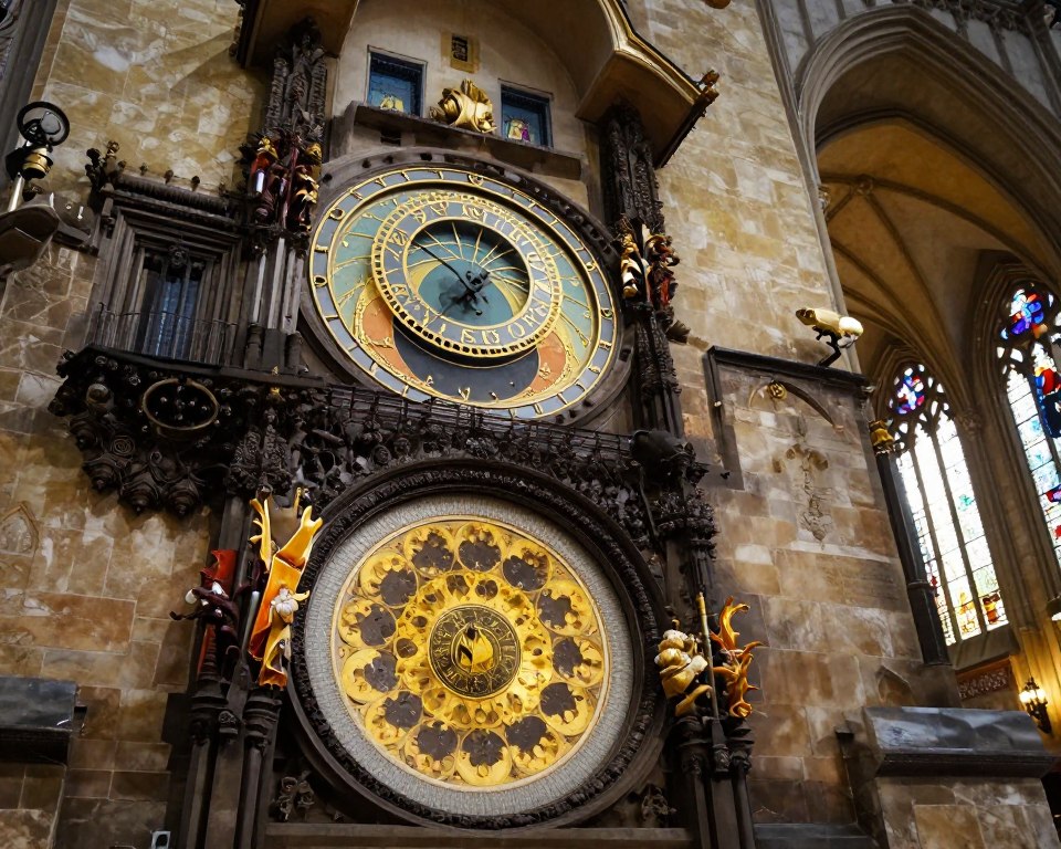 An intricate view of the astronomical clock inside St. Mary's Basilica, showcasing its elaborate design and colorful celestial motifs. In the foreground, highlight the clock's ornate features, including its various dials and mechanical parts, all richly detailed with gold and blue accents. The middle ground reveals the stunning interior of the basilica, with high vaulted ceilings and gothic architecture, bathed in warm, soft light filtering through stained glass windows, creating a serene atmosphere. In the background, the towering structure of the basilica’s interior enhances the sense of grandeur. The image should be captured from a slightly lower angle to emphasize the clock's magnificence and draw the viewer's eye upwards, evoking a sense of awe and historical wonder. An intricate view of the astronomical clock inside St. Mary's Basilica, showcasing its elaborate design and colorful celestial motifs. In the foreground, highlight the clock's ornate features, including its various dials and mechanical parts, all richly detailed with gold and blue accents. The middle ground reveals the stunning interior of the basilica, with high vaulted ceilings and gothic architecture, bathed in warm, soft light filtering through stained glass windows, creating a serene atmosphere. In the background, the towering structure of the basilica’s interior enhances the sense of grandeur. The image should be captured from a slightly lower angle to emphasize the clock's magnificence and draw the viewer's eye upwards, evoking a sense of awe and historical wonder.