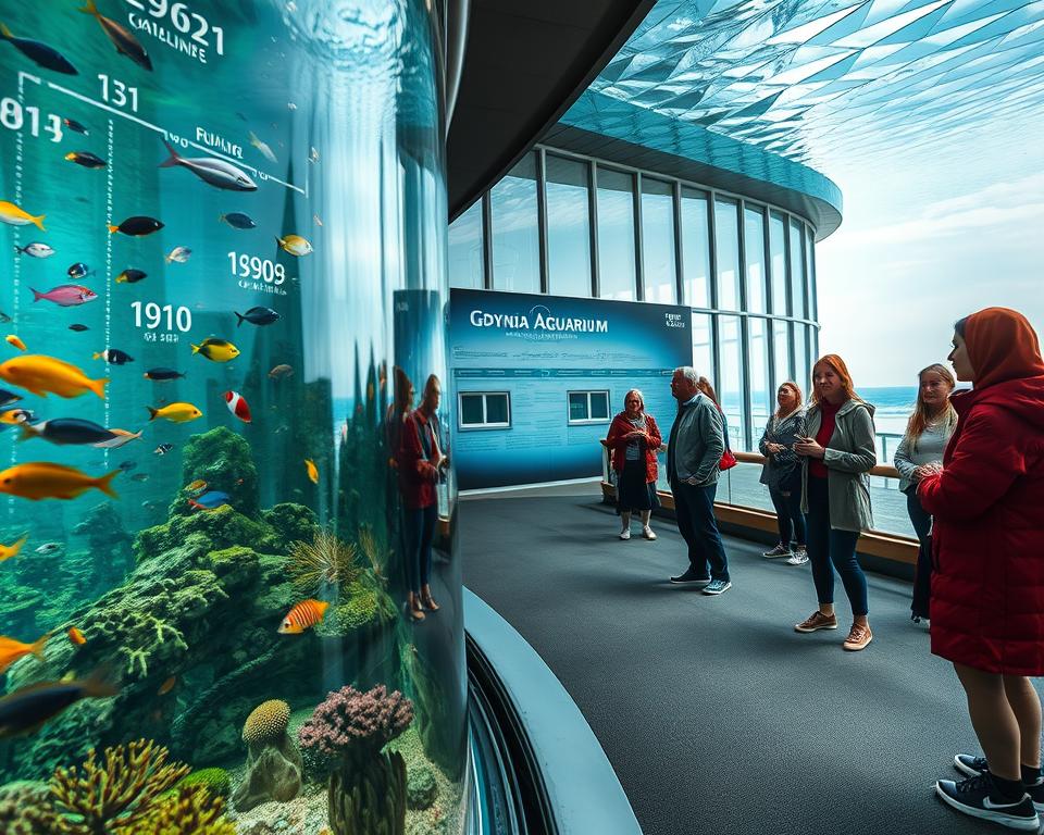 An underwater scene capturing the historical essence of Gdynia Aquarium, showcasing its early beginnings and development. In the foreground, depict a vintage-style fish tank filled with colorful marine life, such as tropical fish and coral, representing the aquarium's early exhibits. In the middle ground, illustrate a timeline mural on the glass wall, showcasing key milestones from the aquarium's inception to its growth, surrounded by visitors in modest casual clothing admiring the displays. The background features the exterior of the aquarium building, designed in a modern architectural style with large windows reflecting the ocean. Use soft, natural lighting to create a serene and inviting atmosphere, with a slight angle that emphasizes both the marine life and the historical context of the aquarium's evolution. An underwater scene capturing the historical essence of Gdynia Aquarium, showcasing its early beginnings and development. In the foreground, depict a vintage-style fish tank filled with colorful marine life, such as tropical fish and coral, representing the aquarium's early exhibits. In the middle ground, illustrate a timeline mural on the glass wall, showcasing key milestones from the aquarium's inception to its growth, surrounded by visitors in modest casual clothing admiring the displays. The background features the exterior of the aquarium building, designed in a modern architectural style with large windows reflecting the ocean. Use soft, natural lighting to create a serene and inviting atmosphere, with a slight angle that emphasizes both the marine life and the historical context of the aquarium's evolution.