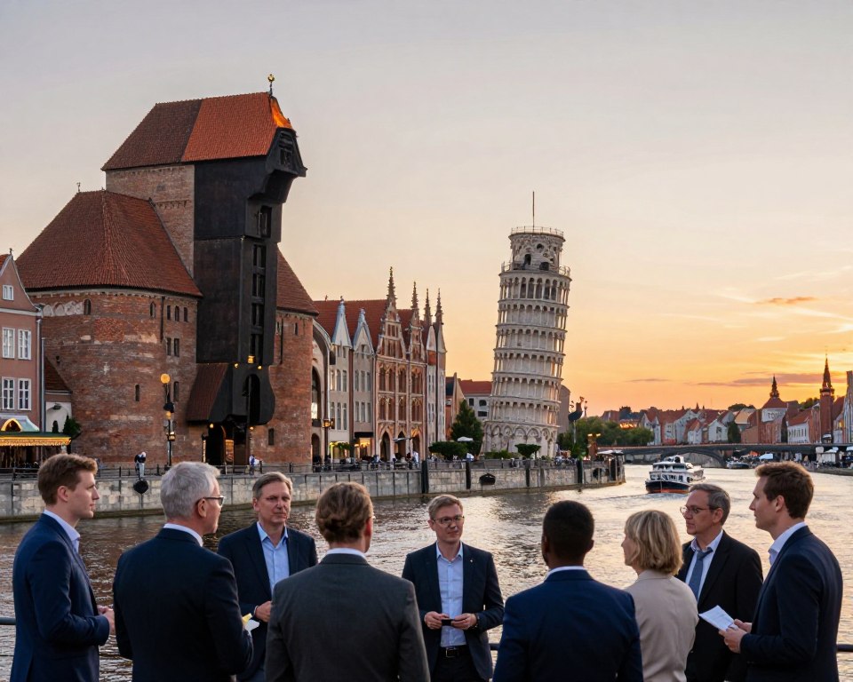 Foreground: A diverse group of people in professional attire, engaged in conversation and collaboration, symbolizing the unity of different cultures in Gdańsk. They are standing in front of a historic building that represents the city's architecture. Middle: Iconic Gdańsk landmarks, such as the Leaning Tower and the Artus Court, integrated into the scene, showcasing their detailed brickwork and Gothic elements. A warm, inviting atmosphere is created by soft, natural lighting during the golden hour. Background: The tranquil Motława River, reflecting the colors of the sunset, with boats gently bobbing on the water. Silhouetted in the distance, the outline of the Gdańsk skyline showcases both historical and modern aspects. Mood: The image conveys a sense of pride, community, and connection to history, emphasizing the importance of Gdańsk in shaping regional identity. The overall composition is balanced, highlighting the interplay between history and contemporary life. Foreground: A diverse group of people in professional attire, engaged in conversation and collaboration, symbolizing the unity of different cultures in Gdańsk. They are standing in front of a historic building that represents the city's architecture. Middle: Iconic Gdańsk landmarks, such as the Leaning Tower and the Artus Court, integrated into the scene, showcasing their detailed brickwork and Gothic elements. A warm, inviting atmosphere is created by soft, natural lighting during the golden hour. Background: The tranquil Motława River, reflecting the colors of the sunset, with boats gently bobbing on the water. Silhouetted in the distance, the outline of the Gdańsk skyline showcases both historical and modern aspects. Mood: The image conveys a sense of pride, community, and connection to history, emphasizing the importance of Gdańsk in shaping regional identity. The overall composition is balanced, highlighting the interplay between history and contemporary life.