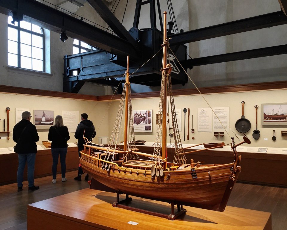 Inside the Żuraw crane, beautifully preserved exhibits showcase the rich maritime history of Gdańsk. In the foreground, a detailed wooden ship model sits on a polished display table, illuminated by soft, warm lighting that enhances its intricate craftsmanship. Middle ground features informative panels and artifacts, including historical tools and images of shipbuilding, surrounded by a few visitors dressed in modest casual clothing, engaged in exploration. In the background, the vintage architecture of the Żuraw itself looms majestically with beams and ropes creating a striking contrast against the serene atmosphere of the interior. The scene captures a sense of curiosity and historical reverence, with gently diffused natural light filtering through the crane’s windows, creating an inviting ambiance. Inside the Żuraw crane, beautifully preserved exhibits showcase the rich maritime history of Gdańsk. In the foreground, a detailed wooden ship model sits on a polished display table, illuminated by soft, warm lighting that enhances its intricate craftsmanship. Middle ground features informative panels and artifacts, including historical tools and images of shipbuilding, surrounded by a few visitors dressed in modest casual clothing, engaged in exploration. In the background, the vintage architecture of the Żuraw itself looms majestically with beams and ropes creating a striking contrast against the serene atmosphere of the interior. The scene captures a sense of curiosity and historical reverence, with gently diffused natural light filtering through the crane’s windows, creating an inviting ambiance.