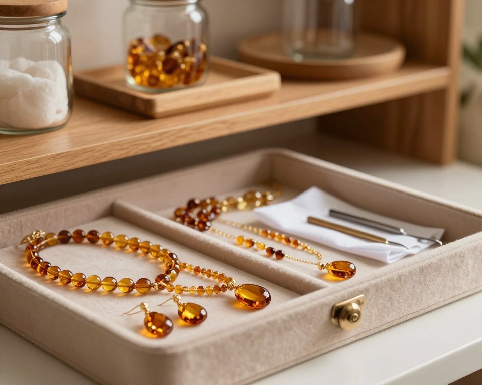 A beautifully arranged jewelry storage scene showcasing elegant pieces, featuring amber jewelry prominently. In the foreground, a soft velvet jewelry box opens to reveal stunning amber necklaces and earrings, glimmering under gentle warm light. The middle layer includes delicately scattered polishing cloths and small tools for care, conveying a sense of meticulous attention. In the soft-focus background, a wooden shelf displays various storage options, such as glass jars and decorative trays, all in warm tones to create a cozy atmosphere. The lighting is soft and inviting, imbuing a sense of security and tranquility, with reflections on polished surfaces enhancing the warmth. The overall mood is serene and organized, perfect for illustrating safe jewelry storage principles.