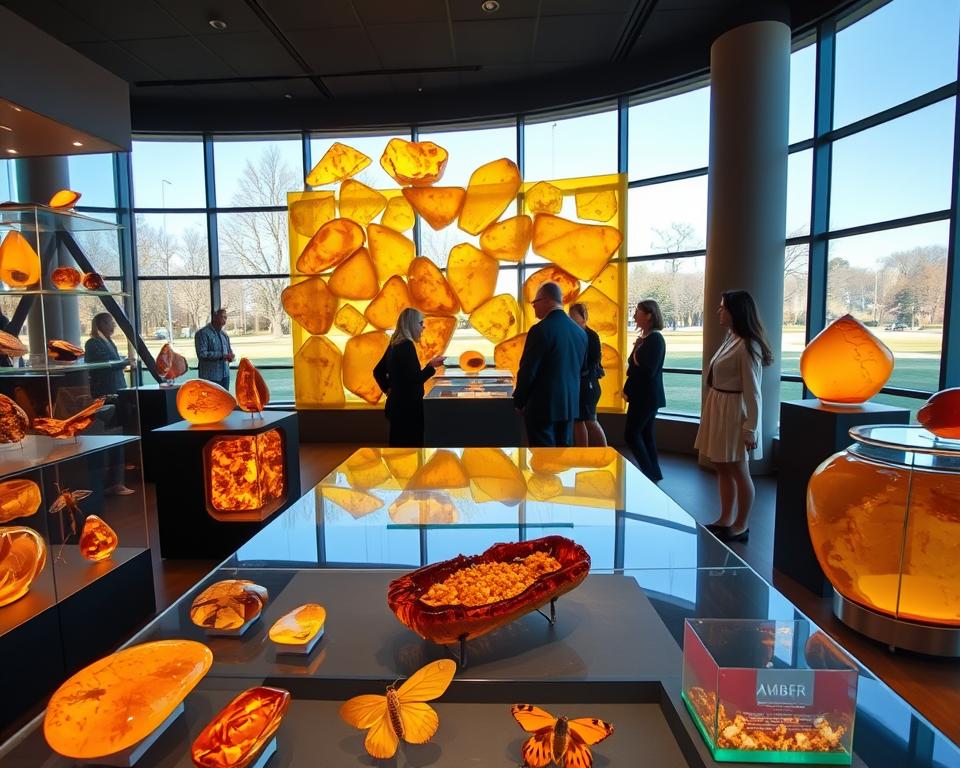 A beautifully curated display of amber exhibits in the new Amber Museum, showcasing various stunning pieces of amber with inclusions, like ancient insects and plant material. In the foreground, vivid amber specimens are artfully arranged in glass cases, glimmering under soft, warm lighting that accentuates their rich golden hues. In the middle, interactive displays invite visitors to learn about the formation of amber and its historical significance, featuring well-dressed museum staff engaging with curious guests. In the background, large, panoramic windows reveal a serene park view, creating a welcoming atmosphere. The image captures a sense of wonder and discovery, with a focus on the intricate details of the amber and the allure of the museum environment. A beautifully curated display of amber exhibits in the new Amber Museum, showcasing various stunning pieces of amber with inclusions, like ancient insects and plant material. In the foreground, vivid amber specimens are artfully arranged in glass cases, glimmering under soft, warm lighting that accentuates their rich golden hues. In the middle, interactive displays invite visitors to learn about the formation of amber and its historical significance, featuring well-dressed museum staff engaging with curious guests. In the background, large, panoramic windows reveal a serene park view, creating a welcoming atmosphere. The image captures a sense of wonder and discovery, with a focus on the intricate details of the amber and the allure of the museum environment.
