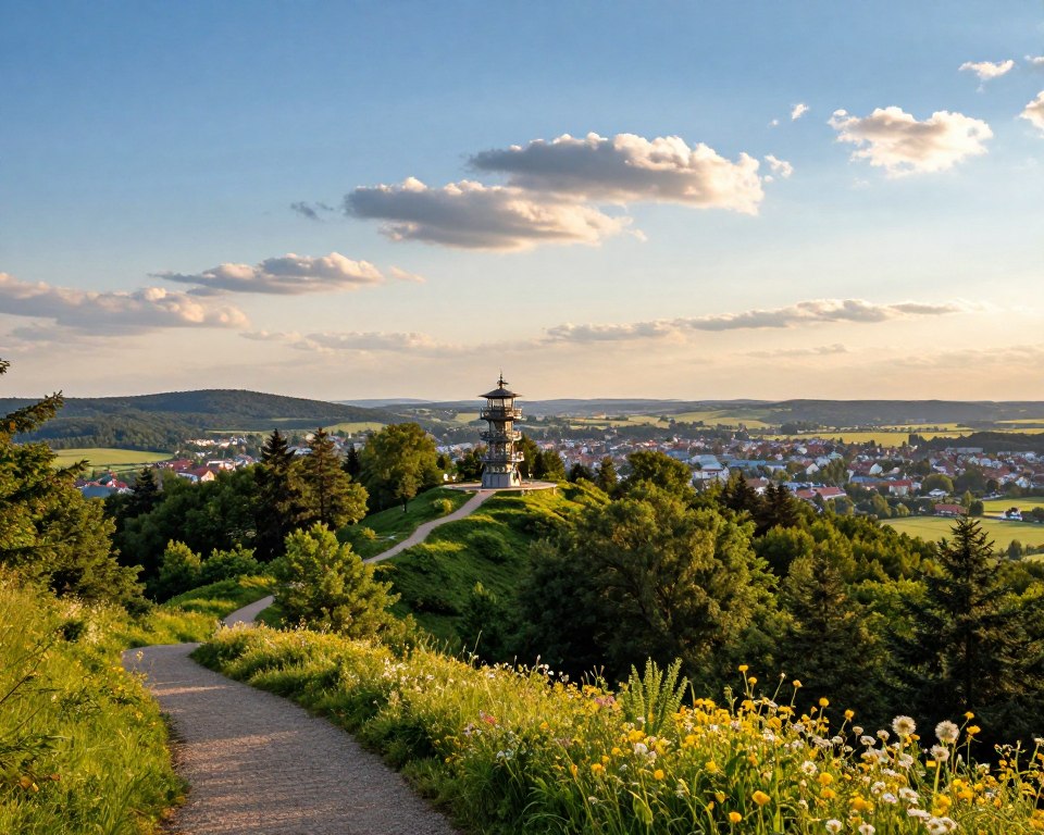 A breathtaking panoramic view from Pachołek Hill, showcasing the lush greenery of the surrounding forest, with a winding pathway leading through vibrant wildflowers in the foreground. In the middle ground, the observation tower stands tall, offering a view over the picturesque city of Oliwa and the expansive landscape beyond. The background is dotted with distant hills under a clear blue sky, with soft, fluffy clouds enhancing the serene atmosphere. The image captures the warm, golden tones of sunset lighting, creating a tranquil mood, while ensuring clear visibility of the panoramic vista. The angle should be slightly elevated, giving a dramatic perspective of the remarkable scenery. A breathtaking panoramic view from Pachołek Hill, showcasing the lush greenery of the surrounding forest, with a winding pathway leading through vibrant wildflowers in the foreground. In the middle ground, the observation tower stands tall, offering a view over the picturesque city of Oliwa and the expansive landscape beyond. The background is dotted with distant hills under a clear blue sky, with soft, fluffy clouds enhancing the serene atmosphere. The image captures the warm, golden tones of sunset lighting, creating a tranquil mood, while ensuring clear visibility of the panoramic vista. The angle should be slightly elevated, giving a dramatic perspective of the remarkable scenery.