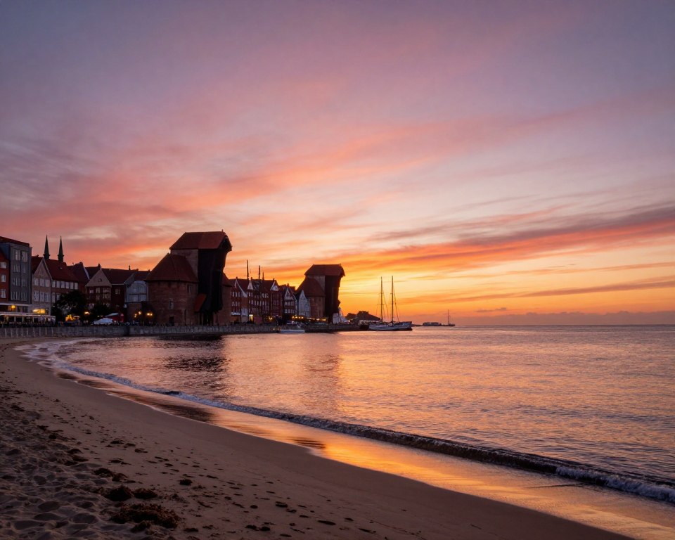 A breathtaking sunset over the Baltic Sea in Gdańsk, Poland. In the foreground, soft golden sands with gentle waves lapping at the shore. Medium ground features a scenic view of the iconic Gdańsk waterfront, with charming brick buildings and silhouettes of sailboats in the harbor. The background showcases a vibrant sky painted in hues of orange, pink, and purple as the sun dips below the horizon. Soft lighting enhances the serene atmosphere, creating a tranquil mood. The angle captures the expansive landscape, inviting the viewer to immerse themselves in the natural beauty. The image is peaceful and evocative, illustrating the perfect spot for watching sunsets by the Baltic Sea without any text or distractions. A breathtaking sunset over the Baltic Sea in Gdańsk, Poland. In the foreground, soft golden sands with gentle waves lapping at the shore. Medium ground features a scenic view of the iconic Gdańsk waterfront, with charming brick buildings and silhouettes of sailboats in the harbor. The background showcases a vibrant sky painted in hues of orange, pink, and purple as the sun dips below the horizon. Soft lighting enhances the serene atmosphere, creating a tranquil mood. The angle captures the expansive landscape, inviting the viewer to immerse themselves in the natural beauty. The image is peaceful and evocative, illustrating the perfect spot for watching sunsets by the Baltic Sea without any text or distractions.