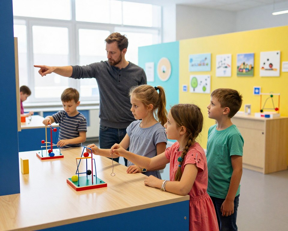 A bright and inviting scene inside the Centrum Nauki Experyment in Gdynia, showcasing families eagerly engaging with various interactive exhibits. In the foreground, a group of children dressed in colorful, modest clothing explore a hands-on science exhibit, their expressions filled with wonder. In the middle, a parent points out an interesting display, while another child experiments with a colorful physics demonstration. The background features vibrant, educational displays under soft, natural lighting that filters through large windows, creating a warm atmosphere. The entire space is filled with a sense of excitement and curiosity, emphasizing learning through play. The perspective is from an angle that captures both the dynamic activity in the foreground and the intriguing exhibits in the background, inviting viewers to feel the engaging atmosphere of the center. A bright and inviting scene inside the Centrum Nauki Experyment in Gdynia, showcasing families eagerly engaging with various interactive exhibits. In the foreground, a group of children dressed in colorful, modest clothing explore a hands-on science exhibit, their expressions filled with wonder. In the middle, a parent points out an interesting display, while another child experiments with a colorful physics demonstration. The background features vibrant, educational displays under soft, natural lighting that filters through large windows, creating a warm atmosphere. The entire space is filled with a sense of excitement and curiosity, emphasizing learning through play. The perspective is from an angle that captures both the dynamic activity in the foreground and the intriguing exhibits in the background, inviting viewers to feel the engaging atmosphere of the center.