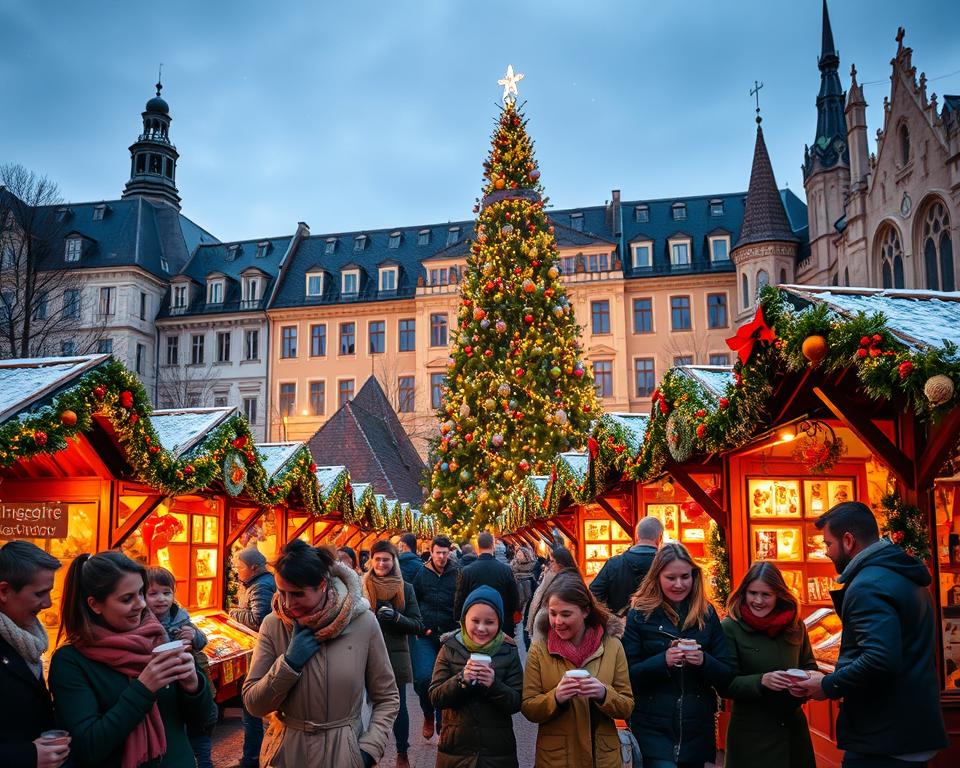 A bustling Christmas market in Gdańsk, vibrant and festive, showcasing beautifully decorated wooden stalls laden with holiday treats and handmade crafts. In the foreground, families and couples stroll, bundled in warm winter clothing, smiling and sipping hot chocolate, while children gaze in awe at twinkling lights and decorations. The middle ground features a large Christmas tree adorned with colorful ornaments, next to stalls selling gingerbread, mulled wine, and local handicrafts. In the background, the historic architecture of Gdańsk’s buildings glows softly under a twilight sky, with gentle snowflakes falling, creating a magical winter atmosphere. The scene is illuminated with warm, inviting lights, captured from a slightly elevated angle to provide a panoramic view of the market's charm.