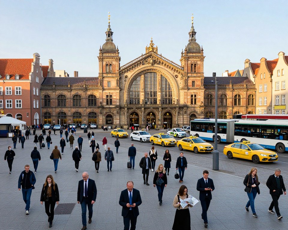 A bustling view of Gdańsk Główny train station, showcasing its central location with a focus on the station's grand entrance featuring ornate architecture. In the foreground, a diverse group of travelers in professional attire and modest casual clothing navigate the area, some checking their phones, while others consult a map. The middle ground displays various transport options, like taxis and buses, lined up outside, all set against the backdrop of historical buildings. The sky is clear with soft afternoon sunlight filtering through, casting gentle shadows. Use a wide-angle perspective to capture the vibrant atmosphere of the station, highlighting the busy arrival and departure area, with people engaged in their journeys. A bustling view of Gdańsk Główny train station, showcasing its central location with a focus on the station's grand entrance featuring ornate architecture. In the foreground, a diverse group of travelers in professional attire and modest casual clothing navigate the area, some checking their phones, while others consult a map. The middle ground displays various transport options, like taxis and buses, lined up outside, all set against the backdrop of historical buildings. The sky is clear with soft afternoon sunlight filtering through, casting gentle shadows. Use a wide-angle perspective to capture the vibrant atmosphere of the station, highlighting the busy arrival and departure area, with people engaged in their journeys.