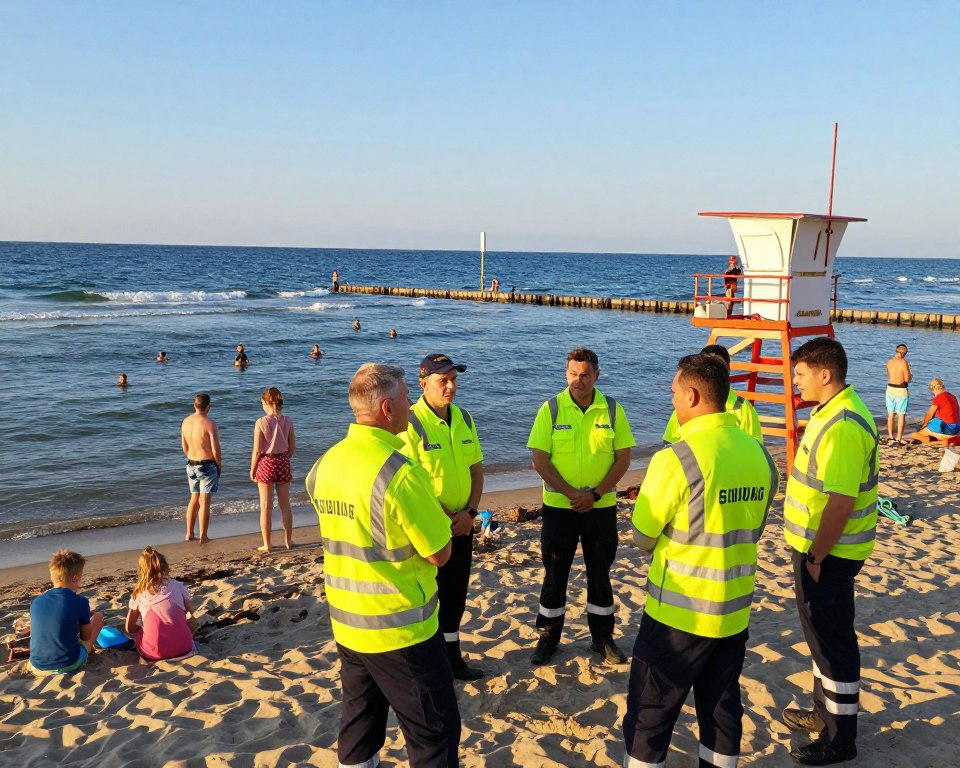 A busy beach scene in Gdańsk, featuring a group of lifeguards in bright, professional uniforms, actively monitoring the swimming area. In the foreground, the lifeguards are engaged in discussions, scanning the water with attentive expressions. The middle ground showcases families enjoying the beach, children playing in the sand, and people swimming safely under the watchful eye of the lifeguards. The background reveals a stunning view of the Baltic Sea with gentle waves and a clear blue sky, reflecting the warm sunlight at golden hour. The atmosphere is relaxed but vigilant, embodying safety and professionalism, with a focus on the importance of lifeguard presence at public beaches. The scene is vibrant, well-lit, and captures a sense of community and safety. A busy beach scene in Gdańsk, featuring a group of lifeguards in bright, professional uniforms, actively monitoring the swimming area. In the foreground, the lifeguards are engaged in discussions, scanning the water with attentive expressions. The middle ground showcases families enjoying the beach, children playing in the sand, and people swimming safely under the watchful eye of the lifeguards. The background reveals a stunning view of the Baltic Sea with gentle waves and a clear blue sky, reflecting the warm sunlight at golden hour. The atmosphere is relaxed but vigilant, embodying safety and professionalism, with a focus on the importance of lifeguard presence at public beaches. The scene is vibrant, well-lit, and captures a sense of community and safety.