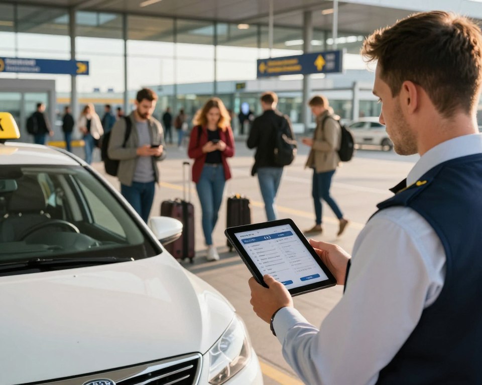 A busy scene at Gdańsk Airport, showcasing a professional taxi driver in a smart uniform, standing beside a sleek, modern taxi. The foreground captures the driver holding a tablet displaying the taxi reservation details. In the middle ground, travelers are seen with luggage, some checking their phones for ride information while others approach the taxi stand. The background depicts the airport terminal with glass walls and overhead signs, bathed in warm, inviting sunlight that filters through. The overall atmosphere is bustling yet organized, reflecting a smooth transportation experience. The image should convey clarity and professionalism, focusing on the process of taxi reservation without any distractions or text elements.