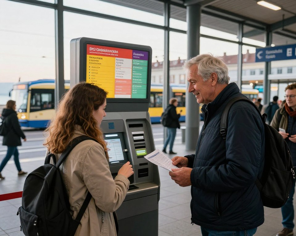 A busy ticket purchasing area at a Gdańsk tram and bus station, showcasing a modern ticket machine surrounded by travelers. In the foreground, a young woman in casual attire intently studies the ticket options on the machine, while a friendly elderly man stands beside her, holding a paper timetable. The background features a colorful display of public transport schedules, with trams and buses visible through large glass windows. Soft morning light filters in, creating a welcoming atmosphere. The scene captures the essence of urban public transport in Gdańsk, with modern architecture and a hint of the Baltic Sea in the distance, enhancing the mood of efficient city life. A busy ticket purchasing area at a Gdańsk tram and bus station, showcasing a modern ticket machine surrounded by travelers. In the foreground, a young woman in casual attire intently studies the ticket options on the machine, while a friendly elderly man stands beside her, holding a paper timetable. The background features a colorful display of public transport schedules, with trams and buses visible through large glass windows. Soft morning light filters in, creating a welcoming atmosphere. The scene captures the essence of urban public transport in Gdańsk, with modern architecture and a hint of the Baltic Sea in the distance, enhancing the mood of efficient city life.