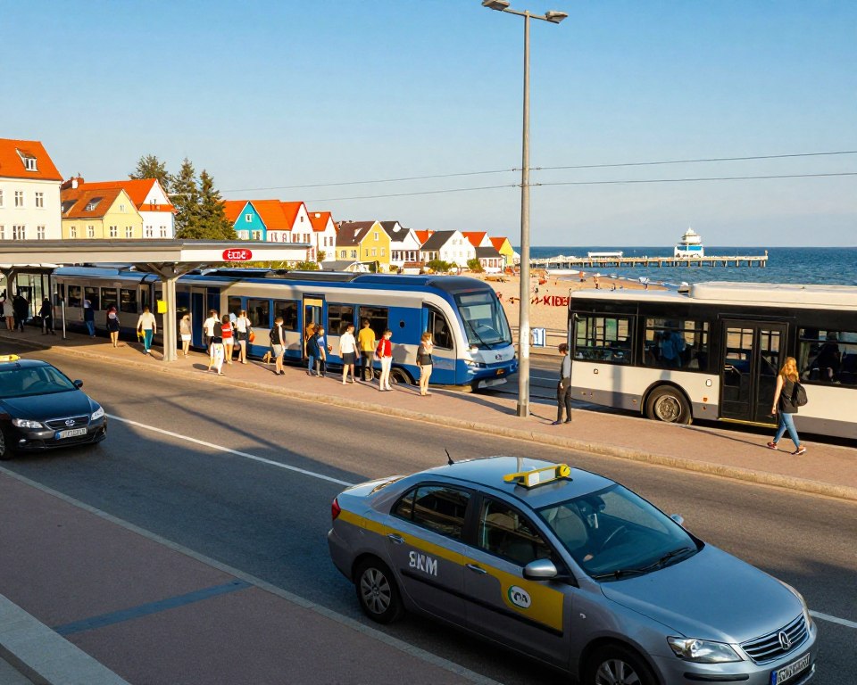 A busy urban scene depicting the transportation options from Gdańsk Airport to Sopot. In the foreground, a modern taxi waits at the curb with its door open, ready to receive passengers. The middle ground features the SKM train station, where commuters are boarding a train, showcasing the sleek design of the train cars. Nearby, a PKM bus stops, with passengers disembarking. The background reveals a glimpse of the vibrant Sopot coastline, with colorful beach houses and the iconic pier visible against a clear blue sky. The lighting is warm and inviting, suggesting a sunny day, with the sun casting soft shadows and highlighting the lively atmosphere. Aim for a dynamic angle that captures the bustling energy of transportation and travel.