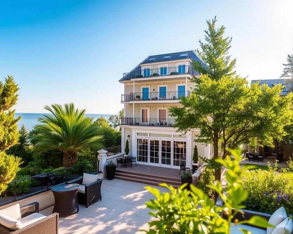 A captivating view of Hotel Haffner in Sopot, showcasing its elegant architecture surrounded by lush greenery. In the foreground, a serene patio with comfortable seating arrangements invites relaxation. The middle ground features the hotel's grand entrance with large glass doors and stylish decor, exuding a welcoming atmosphere. In the background, the picturesque gardens blend seamlessly with the clear blue sky, hinting at the coastal location. Soft, natural lighting filters through the trees, casting gentle shadows that enhance the tranquil vibe. The image captures a sense of comfort and relaxation, highlighting the hotel's charm within a serene environment, perfect for unwinding after a day of exploring Sopot. A captivating view of Hotel Haffner in Sopot, showcasing its elegant architecture surrounded by lush greenery. In the foreground, a serene patio with comfortable seating arrangements invites relaxation. The middle ground features the hotel's grand entrance with large glass doors and stylish decor, exuding a welcoming atmosphere. In the background, the picturesque gardens blend seamlessly with the clear blue sky, hinting at the coastal location. Soft, natural lighting filters through the trees, casting gentle shadows that enhance the tranquil vibe. The image captures a sense of comfort and relaxation, highlighting the hotel's charm within a serene environment, perfect for unwinding after a day of exploring Sopot.