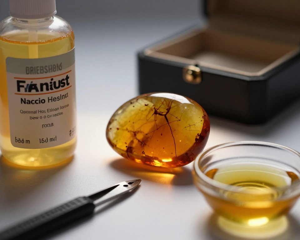 A close-up composition featuring various products that pose a threat to amber jewelry. In the foreground, showcase a bottle of harsh chemical cleaner, a sharp tool for scraping, and acidic substance in a small bowl, emphasizing their potential danger to the amber. The middle ground should display a rich, warm amber piece partially reflected in a soft light to highlight its beauty and vulnerability. In the background, include a faint silhouette of a jewelry box, slightly open, giving a hint of jewelry care. The ambiance should be serious yet informative, with soft, diffused lighting to create a contrast between the pristine amber and the hazardous items. A focus on sharp details and textures will evoke a sense of caution regarding the maintenance of amber jewelry.