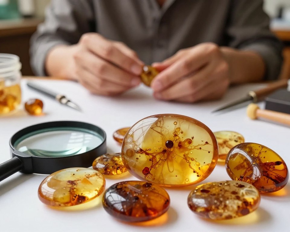 A close-up image showcasing the physical properties of Baltic and Dominican amber, set against a softly illuminated background. In the foreground, display polished amber pieces, highlighting their transparency and rich hues of golden yellow, deep orange, and occasional greenish tones. Include a magnifying glass to emphasize their intricate internal structures, such as inclusions and air bubbles. In the middle ground, show a jewelry artisan's hands carefully holding a piece of amber, dressed in a modest casual outfit, with tools and materials of the craft scattered gently around. The background should suggest a workshop ambiance, illuminated by warm, natural light, enhancing the textures and details of the amber. The overall atmosphere should convey a sense of artistry and appreciation for these unique natural materials. A close-up image showcasing the physical properties of Baltic and Dominican amber, set against a softly illuminated background. In the foreground, display polished amber pieces, highlighting their transparency and rich hues of golden yellow, deep orange, and occasional greenish tones. Include a magnifying glass to emphasize their intricate internal structures, such as inclusions and air bubbles. In the middle ground, show a jewelry artisan's hands carefully holding a piece of amber, dressed in a modest casual outfit, with tools and materials of the craft scattered gently around. The background should suggest a workshop ambiance, illuminated by warm, natural light, enhancing the textures and details of the amber. The overall atmosphere should convey a sense of artistry and appreciation for these unique natural materials.