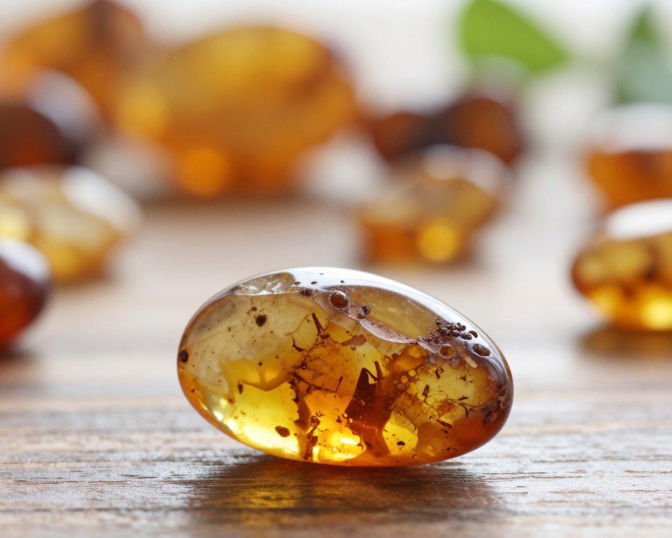 A close-up view of Baltic amber, showcasing its rich, warm hues of honey and gold, highlighted by intricate inclusions and textures. In the foreground, place a piece of amber resting on a smooth, dark wood surface, capturing the light that glints off its polished surface. The middle layer features soft, diffused lighting to create a serene atmosphere, reminiscent of a natural setting. In the background, subtle hints of foliage and natural elements can be seen, suggestive of the coastal environment where amber is often found. The overall mood is tranquil and organic, emphasizing the natural properties of Baltic amber while maintaining a focus on its beauty and uniqueness. A close-up view of Baltic amber, showcasing its rich, warm hues of honey and gold, highlighted by intricate inclusions and textures. In the foreground, place a piece of amber resting on a smooth, dark wood surface, capturing the light that glints off its polished surface. The middle layer features soft, diffused lighting to create a serene atmosphere, reminiscent of a natural setting. In the background, subtle hints of foliage and natural elements can be seen, suggestive of the coastal environment where amber is often found. The overall mood is tranquil and organic, emphasizing the natural properties of Baltic amber while maintaining a focus on its beauty and uniqueness.