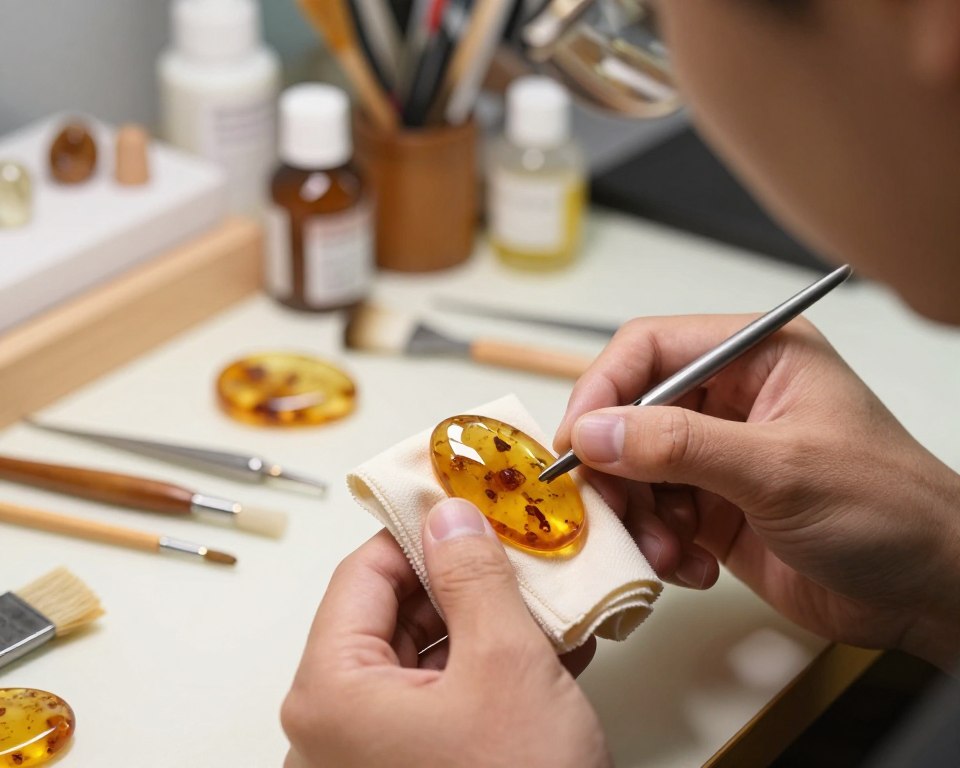 A close-up view of a professional jeweler meticulously polishing a piece of amber jewelry. In the foreground, the jeweler uses a soft cloth to gently buff the amber, highlighting its warm golden hues and intricate inclusions. The middle ground features a well-lit workbench, adorned with various specialized tools for amber care, such as brushes and polishing compounds. In the background, a soothing, blurred workshop filled with soft, diffused natural light creates a tranquil atmosphere. The scene conveys a sense of craftsmanship and care, with a focus on the detailed texture of the amber as well as the jeweler's focused expression. A warm color palette enhances the inviting mood, emphasizing the beauty and value of amber. A close-up view of a professional jeweler meticulously polishing a piece of amber jewelry. In the foreground, the jeweler uses a soft cloth to gently buff the amber, highlighting its warm golden hues and intricate inclusions. The middle ground features a well-lit workbench, adorned with various specialized tools for amber care, such as brushes and polishing compounds. In the background, a soothing, blurred workshop filled with soft, diffused natural light creates a tranquil atmosphere. The scene conveys a sense of craftsmanship and care, with a focus on the detailed texture of the amber as well as the jeweler's focused expression. A warm color palette enhances the inviting mood, emphasizing the beauty and value of amber.