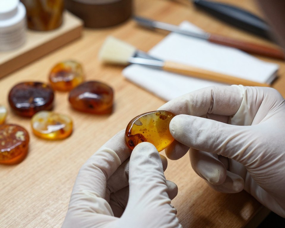 A close-up view of beautifully polished amber stones displayed on a wooden surface, glistening under soft, natural light. In the foreground, a pair of hands, wearing elegant but modest gloves, is gently handling one of the amber pieces, showcasing its rich, warm hues and unique inclusions. In the middle ground, small tools for amber care, like a soft brush and a microfiber cloth, are neatly arranged, indicating the meticulous process of maintaining the amber’s luster. The background features a blurred artisan workshop with tools and materials, enhancing the artisanal aspect of amber preservation. The mood is calm and focused, emphasizing the importance of care in amber maintenance. The image has a warm color palette, enhancing the natural beauty of the amber. A close-up view of beautifully polished amber stones displayed on a wooden surface, glistening under soft, natural light. In the foreground, a pair of hands, wearing elegant but modest gloves, is gently handling one of the amber pieces, showcasing its rich, warm hues and unique inclusions. In the middle ground, small tools for amber care, like a soft brush and a microfiber cloth, are neatly arranged, indicating the meticulous process of maintaining the amber’s luster. The background features a blurred artisan workshop with tools and materials, enhancing the artisanal aspect of amber preservation. The mood is calm and focused, emphasizing the importance of care in amber maintenance. The image has a warm color palette, enhancing the natural beauty of the amber.