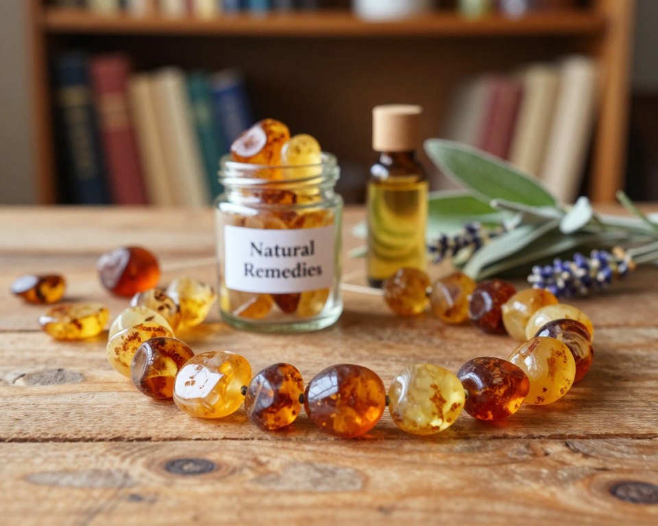 A colorful assortment of amber stones and beads arranged artistically on a rustic wooden table. In the foreground, several polished amber pieces glisten under soft, warm lighting, revealing their natural patterns and hues of golden yellow and deep orange. In the middle ground, a small glass jar labeled "Natural Remedies" contains raw amber and essential oils, alongside herbs like sage and lavender to emphasize a natural healing theme. In the background, a blurred bookshelf filled with herbal medicine books creates an inviting and earthy atmosphere. The overall mood exudes warmth and tranquility, highlighting the ancient use of amber in folk medicine and its associations with healing properties. A soft focus with a shallow depth of field enhances the serene quality of the scene. A colorful assortment of amber stones and beads arranged artistically on a rustic wooden table. In the foreground, several polished amber pieces glisten under soft, warm lighting, revealing their natural patterns and hues of golden yellow and deep orange. In the middle ground, a small glass jar labeled "Natural Remedies" contains raw amber and essential oils, alongside herbs like sage and lavender to emphasize a natural healing theme. In the background, a blurred bookshelf filled with herbal medicine books creates an inviting and earthy atmosphere. The overall mood exudes warmth and tranquility, highlighting the ancient use of amber in folk medicine and its associations with healing properties. A soft focus with a shallow depth of field enhances the serene quality of the scene.