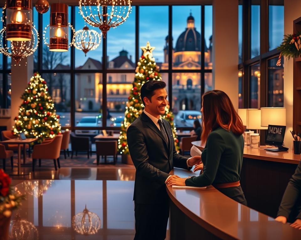 A cozy Gdańsk hotel reception during New Year’s Eve, featuring a warm, inviting ambiance with holiday decorations. In the foreground, a friendly receptionist in professional attire is interacting with a couple booking their stay, displaying excitement about the festivities. The middle ground highlights a beautifully decorated lobby with twinkling lights, a Christmas tree adorned with ornaments, and comfortable seating areas. In the background, large windows reveal a stunning view of Gdańsk's historic architecture adorned with festive decorations against a twilight sky. Soft, golden lighting creates a magical atmosphere, emphasizing warmth and comfort. The scene feels joyous and celebratory, capturing the essence of booking a memorable Sylvester stay in Gdańsk.