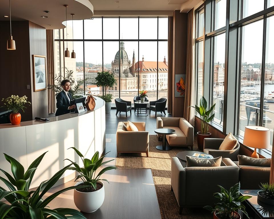 A cozy and inviting hotel lobby in Gdańsk, showcasing a blend of modern and traditional Polish architecture. The foreground features an elegantly designed reception desk with a friendly staff member in professional attire assisting guests. In the middle ground, comfortable seating areas with soft lighting invite relaxation, adorned with plants and local art. The background showcases large windows with a view of the picturesque Gdańsk skyline, including historic buildings and a glimpse of the waterfront. The overall mood is warm and welcoming, with natural light streaming in, creating a sense of tranquility and comfort, emphasizing the theme of where to stay while exploring the Tri-City area of Poland. A cozy and inviting hotel lobby in Gdańsk, showcasing a blend of modern and traditional Polish architecture. The foreground features an elegantly designed reception desk with a friendly staff member in professional attire assisting guests. In the middle ground, comfortable seating areas with soft lighting invite relaxation, adorned with plants and local art. The background showcases large windows with a view of the picturesque Gdańsk skyline, including historic buildings and a glimpse of the waterfront. The overall mood is warm and welcoming, with natural light streaming in, creating a sense of tranquility and comfort, emphasizing the theme of where to stay while exploring the Tri-City area of Poland.