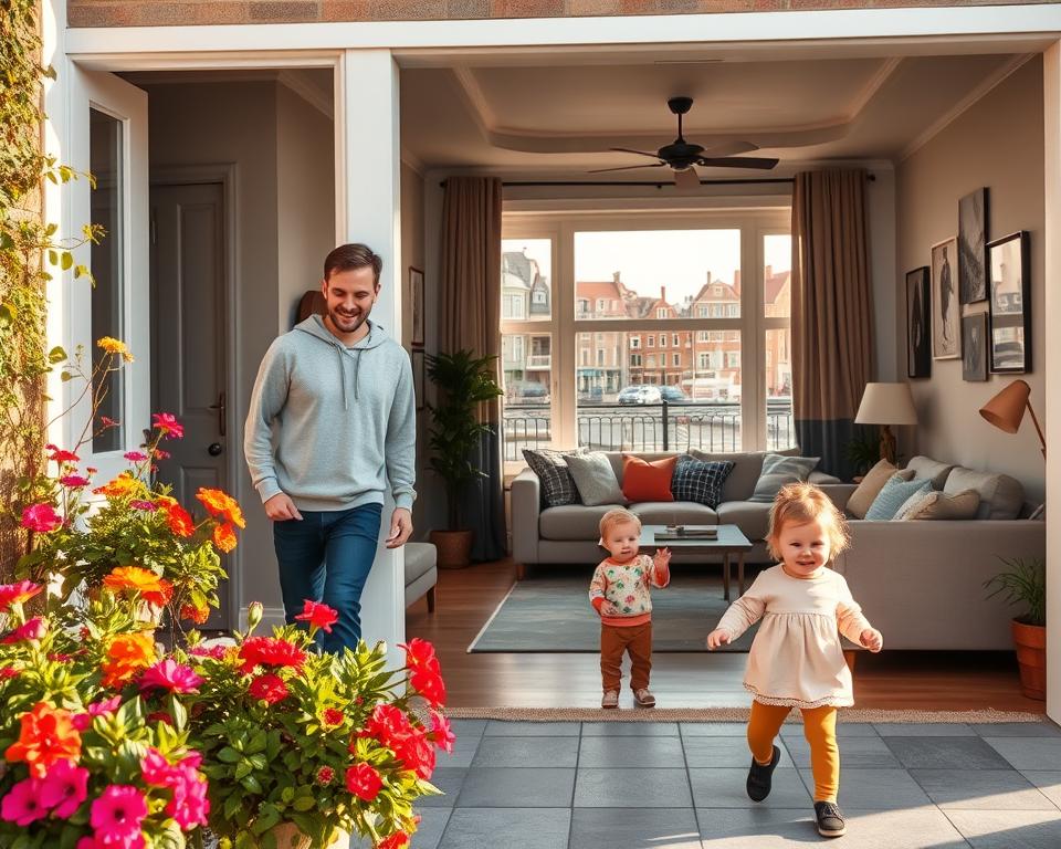 A cozy family-friendly accommodation in Gdańsk, featuring a welcoming entrance with vibrant flowers and greenery. In the foreground, a happy family dressed in modest casual attire is enjoying their stay, with children playing nearby. The middle section showcases a spacious, well-decorated living room with comfortable furniture, large windows letting in warm, natural light, and family photos on the walls. In the background, a glimpse of Gdańsk’s iconic architecture can be seen, including colorful townhouses and the historic waterfront. The scene is illuminated by soft, late afternoon sunlight, creating a cozy, inviting atmosphere that conveys a sense of warmth and relaxation. The overall mood is joyful and family-oriented, perfect for showcasing family accommodations in Gdańsk. A cozy family-friendly accommodation in Gdańsk, featuring a welcoming entrance with vibrant flowers and greenery. In the foreground, a happy family dressed in modest casual attire is enjoying their stay, with children playing nearby. The middle section showcases a spacious, well-decorated living room with comfortable furniture, large windows letting in warm, natural light, and family photos on the walls. In the background, a glimpse of Gdańsk’s iconic architecture can be seen, including colorful townhouses and the historic waterfront. The scene is illuminated by soft, late afternoon sunlight, creating a cozy, inviting atmosphere that conveys a sense of warmth and relaxation. The overall mood is joyful and family-oriented, perfect for showcasing family accommodations in Gdańsk.