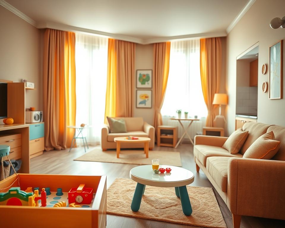 A cozy family-friendly apartment designed for children, featuring a cheerful play area in the foreground with colorful toys, a small table, and plush seating. In the middle, a spacious living area with a soft, comfortable sofa, child-sized furniture, and an inviting kitchenette. The background shows a bright window with sheer curtains, allowing warm, natural light to flood the space, creating a playful and welcoming atmosphere. The walls are adorned with vibrant, child-friendly artwork. The mood is joyful and nurturing, perfect for families traveling with young children. The composition should be shot with a soft focus effect to enhance the warm and inviting feel of the space, using a wide-angle lens to capture the entire scene.