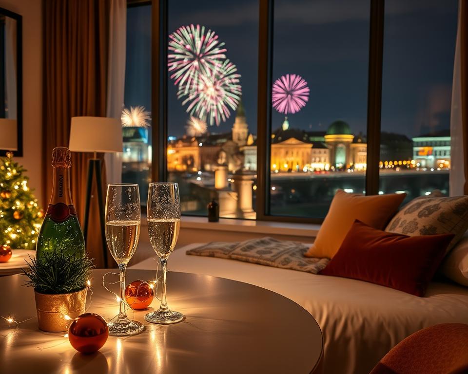 A cozy, modern hotel room in Gdańsk, elegantly decorated for New Year's Eve celebrations. In the foreground, a beautifully set table with a sparkling champagne bottle and flutes, adorned with festive decorations like twinkling fairy lights and a small potted plant. In the middle ground, large windows reveal a night cityscape of Gdańsk, showcasing historic architecture illuminated by colorful lights and fireworks in the sky. The background features warm, inviting decor, including plush pillows and an inviting bed. The scene is lit with soft, warm lighting, creating a celebratory and welcoming atmosphere that captures the excitement of booking a special stay for New Year's Eve.