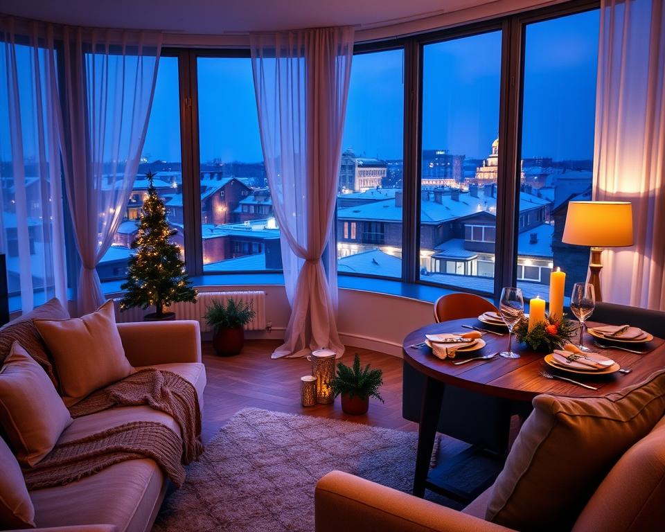 A cozy, stylish apartment interior set in Gdańsk, ideally suited for a New Year’s Eve getaway. In the foreground, a tastefully decorated living area featuring a plush sofa with soft cushions and a warm blanket, complemented by a rustic coffee table with festive decorations. The middle ground showcases a dining area set for a celebration, with elegant tableware, sparkling glasses, and a small bouquet of seasonal flowers. The background reveals large windows adorned with sheer curtains, offering a view of Gdańsk’s vibrant city lights and snow-dusted rooftops at night, illuminated by soft ambient lighting. The atmosphere is warm and inviting, evoking a sense of comfort and celebration, perfect for a holiday retreat.
