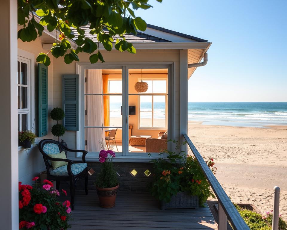 A cozy vacation rental near the beach in Sopot, Poland, showcasing charming, tranquil guest rooms and a quaint pension. The foreground features a welcoming porch with comfortable seating, vibrant flowering plants, and sunlight filtering through the leaves of nearby trees. In the middle, a tastefully decorated room with large windows offers glimpses of the sandy beach and distant waves, while soft, natural light illuminates the warm, inviting interior. The background captures a serene seaside view with gentle waves and a clear blue sky, setting a peaceful atmosphere. The image conveys a sense of relaxation and harmony, ideal for visitors seeking a restful getaway in this beautiful coastal town. A cozy vacation rental near the beach in Sopot, Poland, showcasing charming, tranquil guest rooms and a quaint pension. The foreground features a welcoming porch with comfortable seating, vibrant flowering plants, and sunlight filtering through the leaves of nearby trees. In the middle, a tastefully decorated room with large windows offers glimpses of the sandy beach and distant waves, while soft, natural light illuminates the warm, inviting interior. The background captures a serene seaside view with gentle waves and a clear blue sky, setting a peaceful atmosphere. The image conveys a sense of relaxation and harmony, ideal for visitors seeking a restful getaway in this beautiful coastal town.