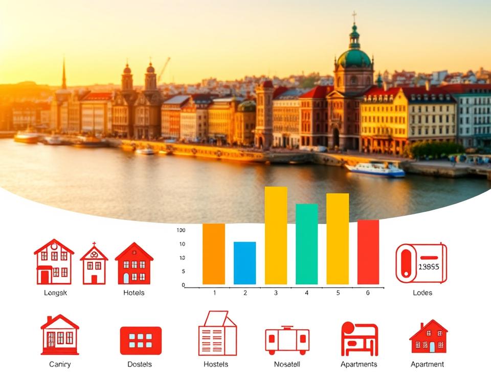 A detailed analysis of accommodation prices in Gdańsk during the summer season, illustrated through a vibrant and informative infographic. In the foreground, showcase icons representing different types of lodging such as hotels, hostels, and apartments, each with price tags. In the middle ground, integrate a bar graph displaying average nightly rates, with bright colors to differentiate categories. The background should feature a scenic view of Gdańsk’s picturesque skyline with historical buildings and the waterfront, bathed in warm, golden sunset lighting. Use a clean and modern design with a professional look, capturing an engaging and analytical atmosphere. The composition should be clear and visually appealing, avoiding any text, ensuring the focus remains on the imagery. A detailed analysis of accommodation prices in Gdańsk during the summer season, illustrated through a vibrant and informative infographic. In the foreground, showcase icons representing different types of lodging such as hotels, hostels, and apartments, each with price tags. In the middle ground, integrate a bar graph displaying average nightly rates, with bright colors to differentiate categories. The background should feature a scenic view of Gdańsk’s picturesque skyline with historical buildings and the waterfront, bathed in warm, golden sunset lighting. Use a clean and modern design with a professional look, capturing an engaging and analytical atmosphere. The composition should be clear and visually appealing, avoiding any text, ensuring the focus remains on the imagery.