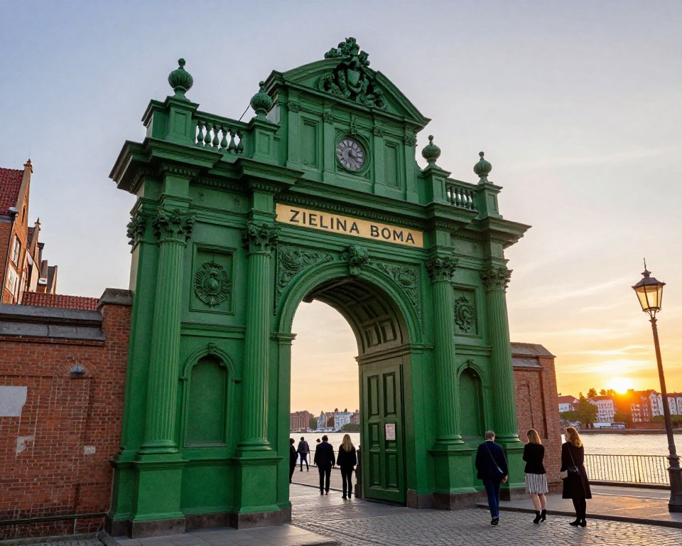 A detailed and vibrant depiction of the Green Gate (Zielona Brama) in Gdańsk, showcasing its Renaissance architectural style. In the foreground, include the ornate entrance with intricate stone carvings and a strong green hue reflecting the name. The middle ground features a bustling scene with visitors in professional attire admiring the structure, capturing the building's significance and its role in contemporary society. In the background, the calm Motława River glimmers under a warm, golden sunset, adding depth to the scene. Utilize soft, diffuse lighting that enhances the textures of the stonework while casting gentle shadows. A slight low-angle perspective will emphasize the grandeur of the gate, creating a welcoming and informative atmosphere, ideal for illustrating its modern adaptations and internal functions. A detailed and vibrant depiction of the Green Gate (Zielona Brama) in Gdańsk, showcasing its Renaissance architectural style. In the foreground, include the ornate entrance with intricate stone carvings and a strong green hue reflecting the name. The middle ground features a bustling scene with visitors in professional attire admiring the structure, capturing the building's significance and its role in contemporary society. In the background, the calm Motława River glimmers under a warm, golden sunset, adding depth to the scene. Utilize soft, diffuse lighting that enhances the textures of the stonework while casting gentle shadows. A slight low-angle perspective will emphasize the grandeur of the gate, creating a welcoming and informative atmosphere, ideal for illustrating its modern adaptations and internal functions.