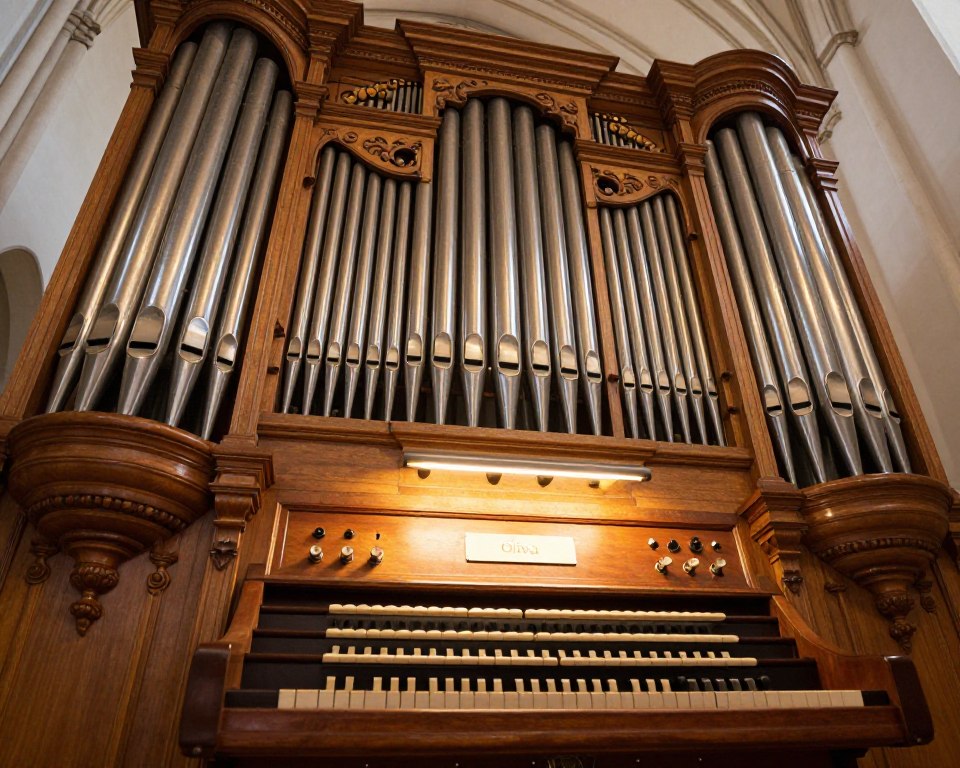 A detailed close-up view of the intricate pipes of the Oliva organ, showcasing the various sizes and craftsmanship of the organ pipes. The foreground features an array of wooden and metal pipes with ornate designs, reflecting the historical significance. In the middle ground, the organ's console displays its keys and stop knobs, illuminated by soft, warm lighting to create an inviting atmosphere. The background hints at the grand architecture of the church interior, with soft shadows enhancing the depth of the space. The overall scene should evoke a sense of reverence and awe, highlighting the beauty and complexity of this magnificent musical instrument. Use a wide-angle lens effect to emphasize the grandeur while maintaining focus on the details of the pipes. A detailed close-up view of the intricate pipes of the Oliva organ, showcasing the various sizes and craftsmanship of the organ pipes. The foreground features an array of wooden and metal pipes with ornate designs, reflecting the historical significance. In the middle ground, the organ's console displays its keys and stop knobs, illuminated by soft, warm lighting to create an inviting atmosphere. The background hints at the grand architecture of the church interior, with soft shadows enhancing the depth of the space. The overall scene should evoke a sense of reverence and awe, highlighting the beauty and complexity of this magnificent musical instrument. Use a wide-angle lens effect to emphasize the grandeur while maintaining focus on the details of the pipes.