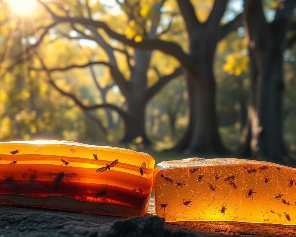 A detailed depiction of the amber formation process, showcasing layers of tree resin transitioning into amber over time. In the foreground, display cross-sections of amber with inclusions such as small insects and plant matter embedded within. The middle ground features a vibrant forest setting with ancient trees, highlighting the connection between nature and amber's creation. The background is a soft, dreamy landscape, bathed in warm golden sunlight filtering through leaves, creating a tranquil atmosphere. The scene should evoke a sense of wonder and history, capturing the essence of amber's journey from resin to gem. Use natural lighting to emphasize the amber's glow and textures. The image should be taken from a slight low angle, inviting viewers to explore the beauty of this natural phenomenon. A detailed depiction of the amber formation process, showcasing layers of tree resin transitioning into amber over time. In the foreground, display cross-sections of amber with inclusions such as small insects and plant matter embedded within. The middle ground features a vibrant forest setting with ancient trees, highlighting the connection between nature and amber's creation. The background is a soft, dreamy landscape, bathed in warm golden sunlight filtering through leaves, creating a tranquil atmosphere. The scene should evoke a sense of wonder and history, capturing the essence of amber's journey from resin to gem. Use natural lighting to emphasize the amber's glow and textures. The image should be taken from a slight low angle, inviting viewers to explore the beauty of this natural phenomenon.