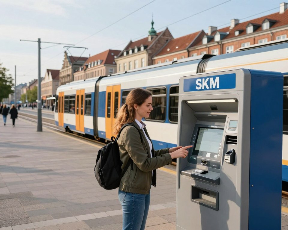 A detailed guide to purchasing a ticket for the SKM train system in Gdańsk, depicted in a vibrant urban setting. In the foreground, a friendly customer service representative, dressed professionally, stands by a modern ticket vending machine, explaining the process to a traveler in casual clothing. In the middle ground, a stylish, clean SKM train is visible, showcasing its sleek design against a backdrop of Gdańsk’s urban landscape, including tram tracks and a city plaza. The background features a clear sky with soft sunlight illuminating the scene, creating a welcoming and informative atmosphere. The composition should be captured in a wide-angle view to emphasize the bustling environment, highlighting public transport accessibility. A detailed guide to purchasing a ticket for the SKM train system in Gdańsk, depicted in a vibrant urban setting. In the foreground, a friendly customer service representative, dressed professionally, stands by a modern ticket vending machine, explaining the process to a traveler in casual clothing. In the middle ground, a stylish, clean SKM train is visible, showcasing its sleek design against a backdrop of Gdańsk’s urban landscape, including tram tracks and a city plaza. The background features a clear sky with soft sunlight illuminating the scene, creating a welcoming and informative atmosphere. The composition should be captured in a wide-angle view to emphasize the bustling environment, highlighting public transport accessibility.