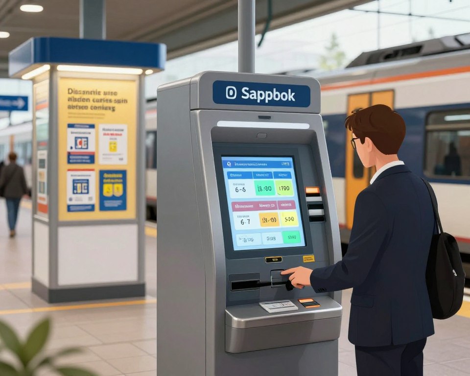 A detailed illustration depicting a public transport ticket machine in Gdańsk, featuring a digital screen showcasing various ticket options and discounts. In the foreground, a person dressed in professional business attire is interacting with the machine, examining tariffs and concessions. The middle ground includes a well-lit kiosk displaying brochures about discounts and fare regulations, surrounded by a clean, modern train station environment. The background features a sleek train awaiting passengers, with soft natural lighting filtering through large windows, creating an inviting and informative atmosphere. The focus should capture a sense of accessibility and clarity about ticket purchasing processes. The overall mood should be professional and inviting, emphasizing the efficiency of the ticketing system.