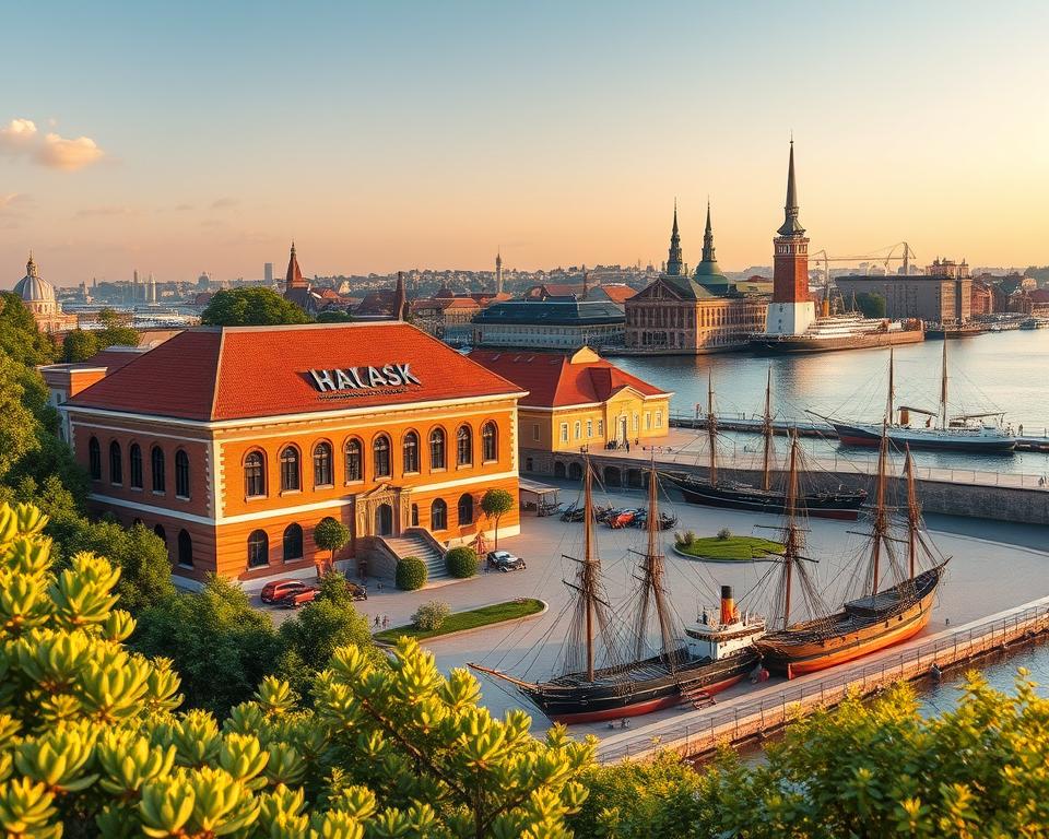 A detailed illustration of the National Maritime Museum in Gdańsk, showcasing its historical evolution and architectural beauty. In the foreground, depict the museum building with its distinctive brick facade, surrounded by lush greenery. In the middle ground, include representations of historical ships, subtly transitioning from early wooden vessels to modern steam-powered ships, symbolizing maritime history. The background should feature the iconic Gdańsk skyline, with its historic spichlerze (granaries) alongside the waterfront. Capture soft, natural lighting during golden hour to create a warm and inviting atmosphere, enriching the scene with reflections on the water. Use a wide-angle lens to provide depth and immerse the viewer in the harmonious blend of history and maritime culture. A detailed illustration of the National Maritime Museum in Gdańsk, showcasing its historical evolution and architectural beauty. In the foreground, depict the museum building with its distinctive brick facade, surrounded by lush greenery. In the middle ground, include representations of historical ships, subtly transitioning from early wooden vessels to modern steam-powered ships, symbolizing maritime history. The background should feature the iconic Gdańsk skyline, with its historic spichlerze (granaries) alongside the waterfront. Capture soft, natural lighting during golden hour to create a warm and inviting atmosphere, enriching the scene with reflections on the water. Use a wide-angle lens to provide depth and immerse the viewer in the harmonious blend of history and maritime culture.