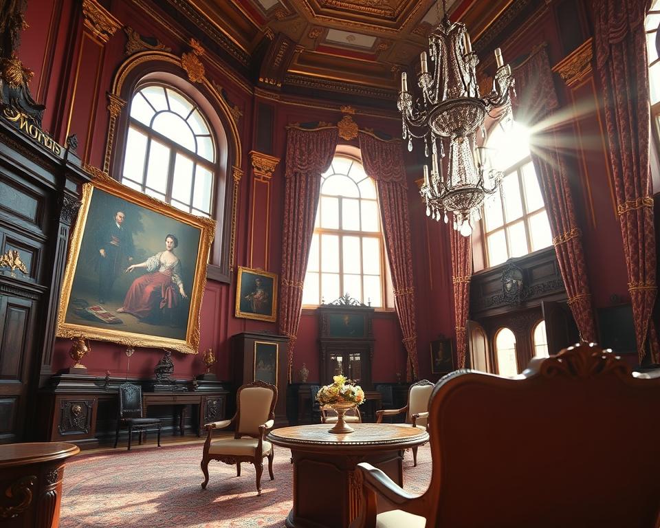 A detailed interior scene of the Red Room (Sala Czerwona) and White Room (Sala Biała) in the Gdańsk Museum, showcasing their ornate architecture and rich history. In the foreground, elegant wooden furniture and intricate gold decorations enhance the luxurious feel. The middle ground features large, arched windows allowing soft, warm sunlight to flood the space, illuminating the classic paintings on the walls. The background includes richly patterned curtains and delicate chandeliers, casting light and creating shadows. The atmosphere is one of sophistication and historical significance, inviting viewers to explore the grandeur of Gdańsk's heritage. Shot with a wide-angle lens for depth, in natural light for a warm ambiance. A detailed interior scene of the Red Room (Sala Czerwona) and White Room (Sala Biała) in the Gdańsk Museum, showcasing their ornate architecture and rich history. In the foreground, elegant wooden furniture and intricate gold decorations enhance the luxurious feel. The middle ground features large, arched windows allowing soft, warm sunlight to flood the space, illuminating the classic paintings on the walls. The background includes richly patterned curtains and delicate chandeliers, casting light and creating shadows. The atmosphere is one of sophistication and historical significance, inviting viewers to explore the grandeur of Gdańsk's heritage. Shot with a wide-angle lens for depth, in natural light for a warm ambiance.