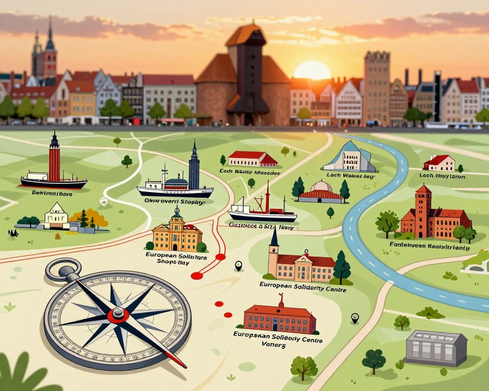 A detailed map artfully designed to showcase significant locations related to Lech Wałęsa in Gdańsk. In the foreground, a beautifully illustrated compass points towards highlighted sites, including the Gdańsk Shipyard and the European Solidarity Centre. The middle ground features vivid landmarks intertwined with flowing pathways, leading the viewer's eye through each site. The background displays a stylized skyline of Gdańsk, bathed in warm sunset hues that create a nostalgic and inspiring atmosphere. Soft, natural lighting enhances the vibrancy of the colors, while a slight tilt angle gives the impression of movement and exploration. The overall mood is one of homage and historical significance, inviting viewers to embark on a journey through Wałęsa's legacy in this iconic city. A detailed map artfully designed to showcase significant locations related to Lech Wałęsa in Gdańsk. In the foreground, a beautifully illustrated compass points towards highlighted sites, including the Gdańsk Shipyard and the European Solidarity Centre. The middle ground features vivid landmarks intertwined with flowing pathways, leading the viewer's eye through each site. The background displays a stylized skyline of Gdańsk, bathed in warm sunset hues that create a nostalgic and inspiring atmosphere. Soft, natural lighting enhances the vibrancy of the colors, while a slight tilt angle gives the impression of movement and exploration. The overall mood is one of homage and historical significance, inviting viewers to embark on a journey through Wałęsa's legacy in this iconic city.