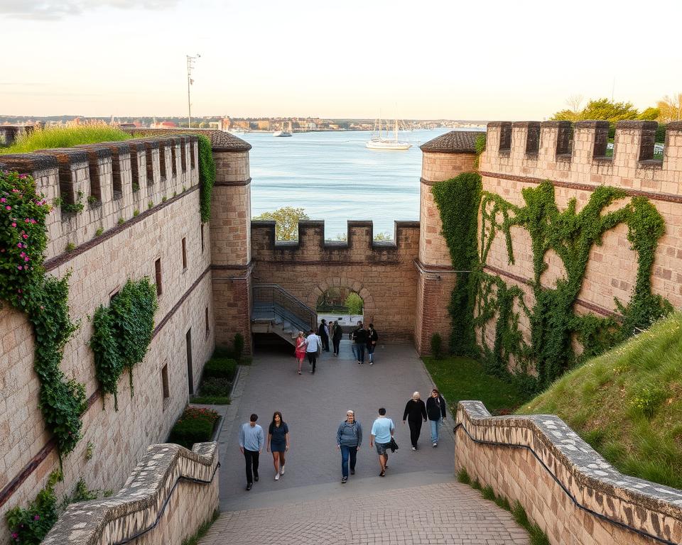 A detailed view of Twierdza Wisłoujście in Gdańsk, showcasing its historic architecture and well-preserved fortifications. In the foreground, capture the rugged stone walls adorned with creeping vines and wildflowers, emphasizing character and age. The middle ground should feature a wide entrance with an inviting pathway, where visitors are seen dressed in casual clothing, exploring the site. In the background, the serene Wisła River reflects the sky, with sailboats gently floating, evoking a peaceful atmosphere. Soft, natural lighting enhances the scene, with golden hour warmth illuminating the structure and landscape. The angle should be slightly elevated, allowing for a comprehensive view while maintaining the fortress's grandeur and surrounding beauty.