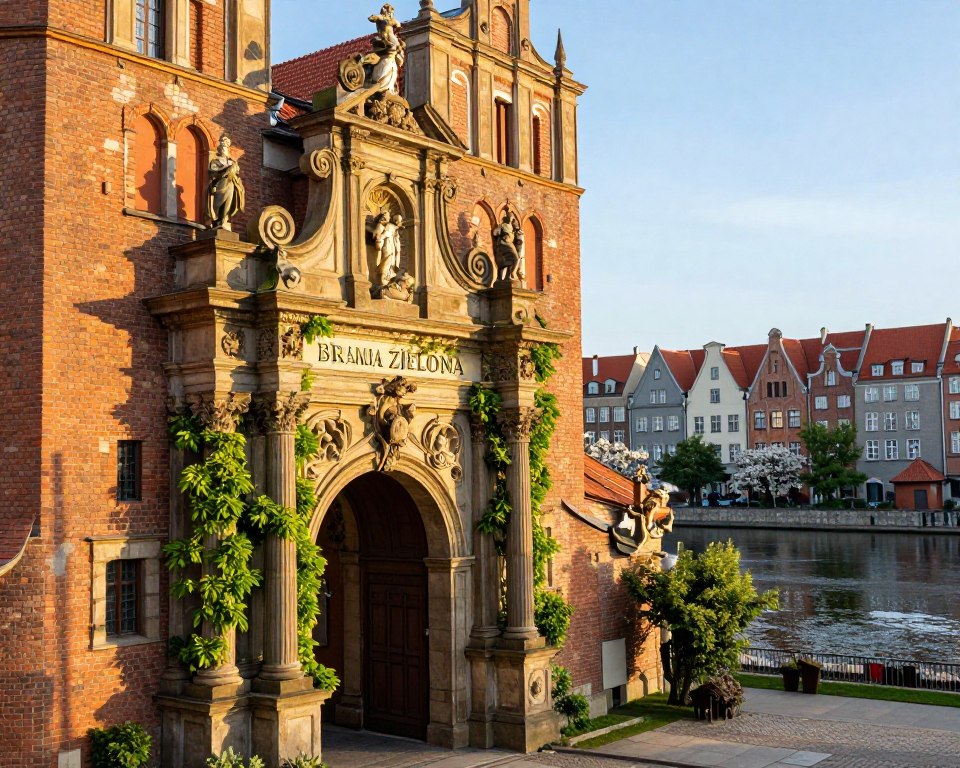 A detailed view of the Green Gate (Brama Zielona) in Gdańsk, representing its historical significance. In the foreground, an ornate stone archway adorned with intricate sculptures and vibrant greenery. In the middle ground, the charming facade of the gate with its Renaissance-style architecture, warm sunlight casting soft shadows on the detailed brickwork and sculptures. The background features a serene view of the Motława River, with picturesque waterfront buildings reflecting in the water, surrounded by blossoming trees. The scene captures a late afternoon glow, enhancing the golden hues of the architecture. This historic landmark is portrayed with a sense of cultural pride, inviting viewers to appreciate its beauty and historical importance. No people present, ensuring a focus on the architecture and environment. A detailed view of the Green Gate (Brama Zielona) in Gdańsk, representing its historical significance. In the foreground, an ornate stone archway adorned with intricate sculptures and vibrant greenery. In the middle ground, the charming facade of the gate with its Renaissance-style architecture, warm sunlight casting soft shadows on the detailed brickwork and sculptures. The background features a serene view of the Motława River, with picturesque waterfront buildings reflecting in the water, surrounded by blossoming trees. The scene captures a late afternoon glow, enhancing the golden hues of the architecture. This historic landmark is portrayed with a sense of cultural pride, inviting viewers to appreciate its beauty and historical importance. No people present, ensuring a focus on the architecture and environment.