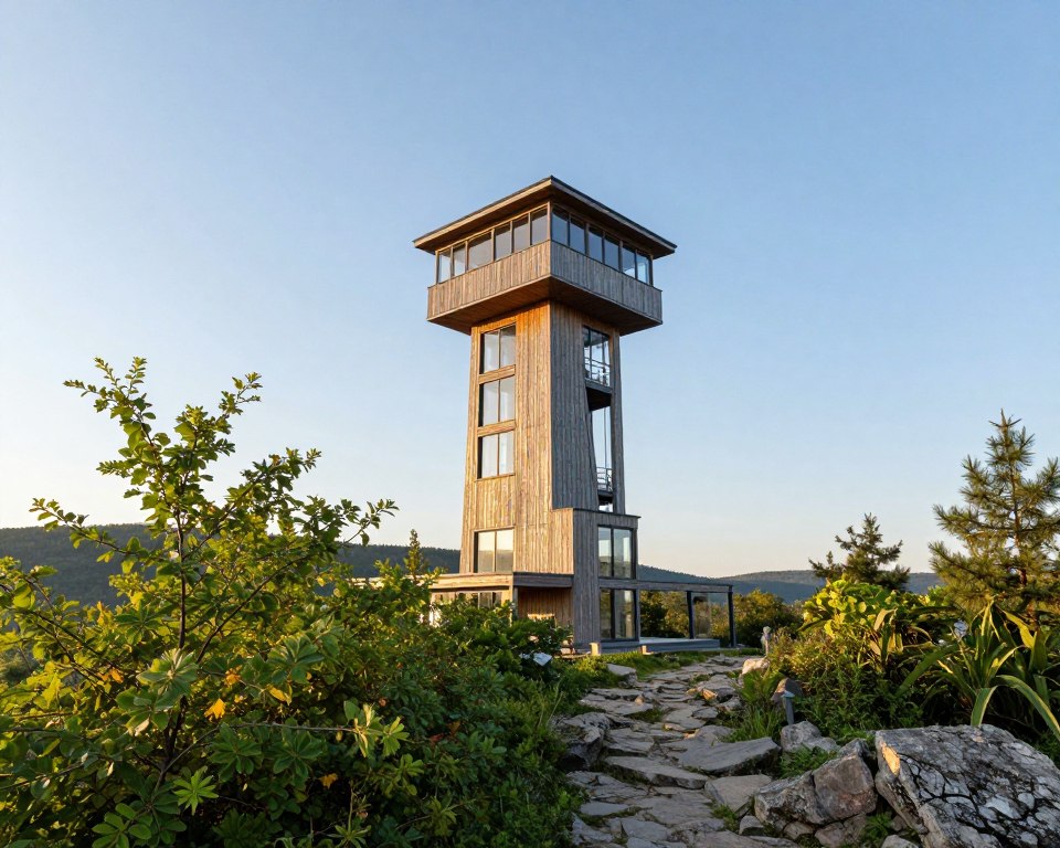 A detailed view of the Pachołek observation tower located in Oliwa, designed in a modern style with natural materials. In the foreground, lush green foliage and rocky paths leading up to the tower, inviting visitors to explore. The middle ground features the iconic tower itself, standing tall with its wooden exterior and panoramic windows, reflecting sunlight. In the background, gentle hills and a clear blue sky create a serene atmosphere, accentuated by soft, warm lighting of a late afternoon sun. Use a slight upward angle to emphasize the tower's height and presence, evoking a sense of wonder and tranquility. The overall mood is peaceful and inviting, showcasing the blend of architecture and nature harmoniously. A detailed view of the Pachołek observation tower located in Oliwa, designed in a modern style with natural materials. In the foreground, lush green foliage and rocky paths leading up to the tower, inviting visitors to explore. The middle ground features the iconic tower itself, standing tall with its wooden exterior and panoramic windows, reflecting sunlight. In the background, gentle hills and a clear blue sky create a serene atmosphere, accentuated by soft, warm lighting of a late afternoon sun. Use a slight upward angle to emphasize the tower's height and presence, evoking a sense of wonder and tranquility. The overall mood is peaceful and inviting, showcasing the blend of architecture and nature harmoniously.