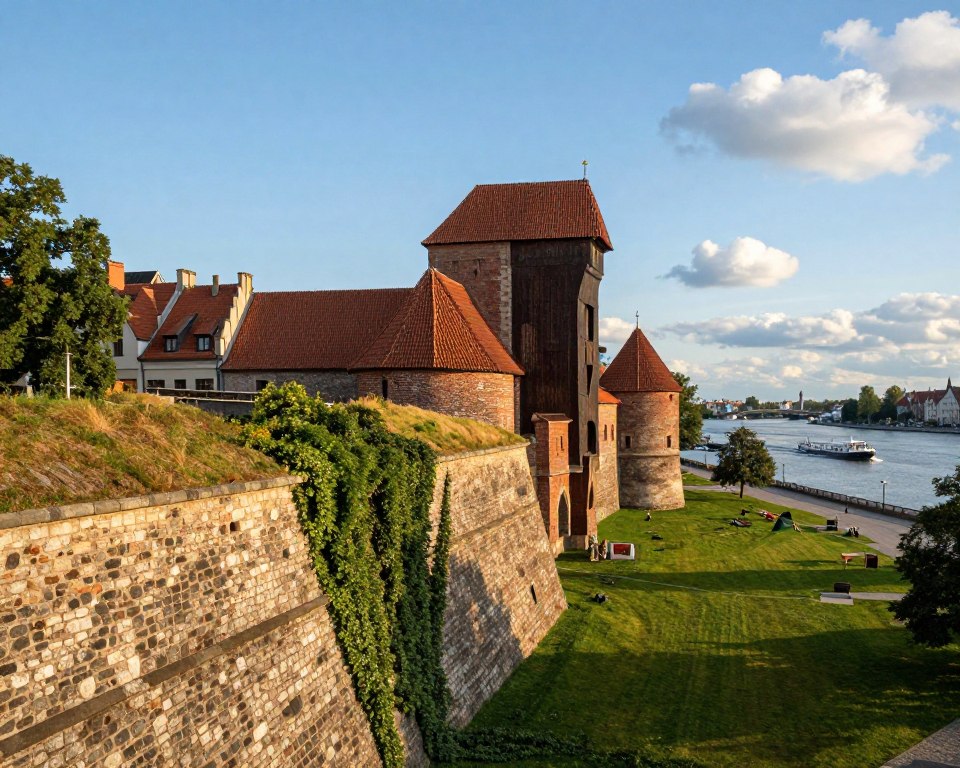 A detailed view of the historic Wisłoujście Fortress in Gdańsk, showcasing its unique fortification architecture. In the foreground, include well-preserved stone walls adorned with moss and climbing ivy, highlighting the craftsmanship of military architecture. The middle ground features the fortress's iconic bastions and angular towers, their historic brickwork glowing softly in warm afternoon light. The background showcases the serene Vistula River, with boats gently gliding by and a clear blue sky dotted with fluffy clouds, adding a tranquil atmosphere. Capture the scene from a slightly elevated angle, using a wide-angle lens to emphasize the fortress's scale and grandeur. The overall mood is one of historical reverence and natural beauty, inviting viewers to appreciate the rich architectural heritage. A detailed view of the historic Wisłoujście Fortress in Gdańsk, showcasing its unique fortification architecture. In the foreground, include well-preserved stone walls adorned with moss and climbing ivy, highlighting the craftsmanship of military architecture. The middle ground features the fortress's iconic bastions and angular towers, their historic brickwork glowing softly in warm afternoon light. The background showcases the serene Vistula River, with boats gently gliding by and a clear blue sky dotted with fluffy clouds, adding a tranquil atmosphere. Capture the scene from a slightly elevated angle, using a wide-angle lens to emphasize the fortress's scale and grandeur. The overall mood is one of historical reverence and natural beauty, inviting viewers to appreciate the rich architectural heritage.