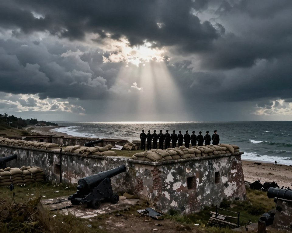 A dramatic depiction of Westerplatte as a symbol of resistance, showcasing a rugged, weathered coastline with a historic fort in the foreground. The fort, a focal point, has cannons and sandbags, representing defiance against invasion. In the middle ground, silhouettes of determined soldiers in professional attire stand resolute, symbolizing courage and unity. The background features a stormy sky, with dark clouds rolling in over the Baltic Sea, creating a tense atmosphere. The lighting is moody, with shafts of light breaking through the clouds, illuminating the scene and enhancing the sense of struggle. The angle is slightly elevated, providing a broader view of the landscape, evoking deep emotions related to the beginning of conflict. The overall mood conveys a powerful sense of history and resistance without any text or distractions.